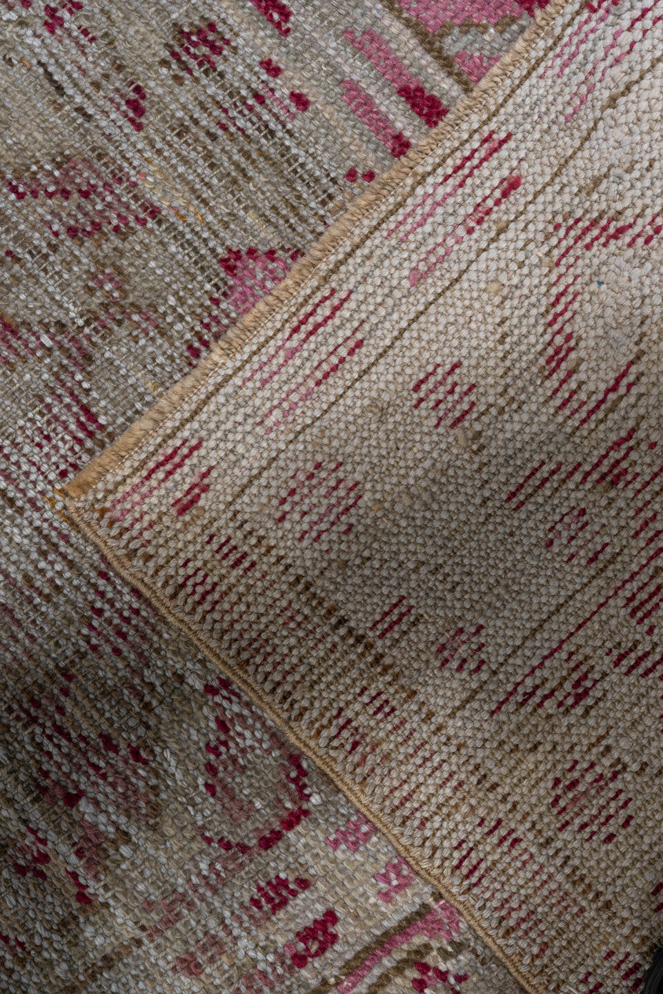 3' x 22' one-of-a-kind handmade vintage Oushak runner rug. Color palette: ivory, rose, blush, taupe, crimson, pink, red