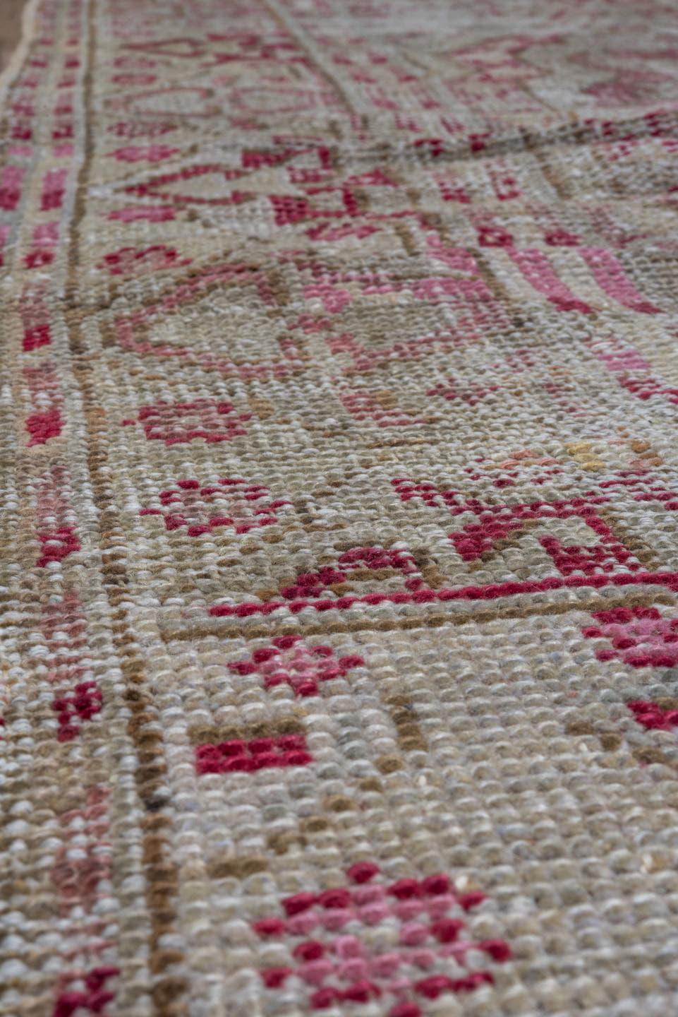 3' x 22' one-of-a-kind handmade vintage Oushak runner rug. Color palette: ivory, rose, blush, taupe, crimson, pink, red