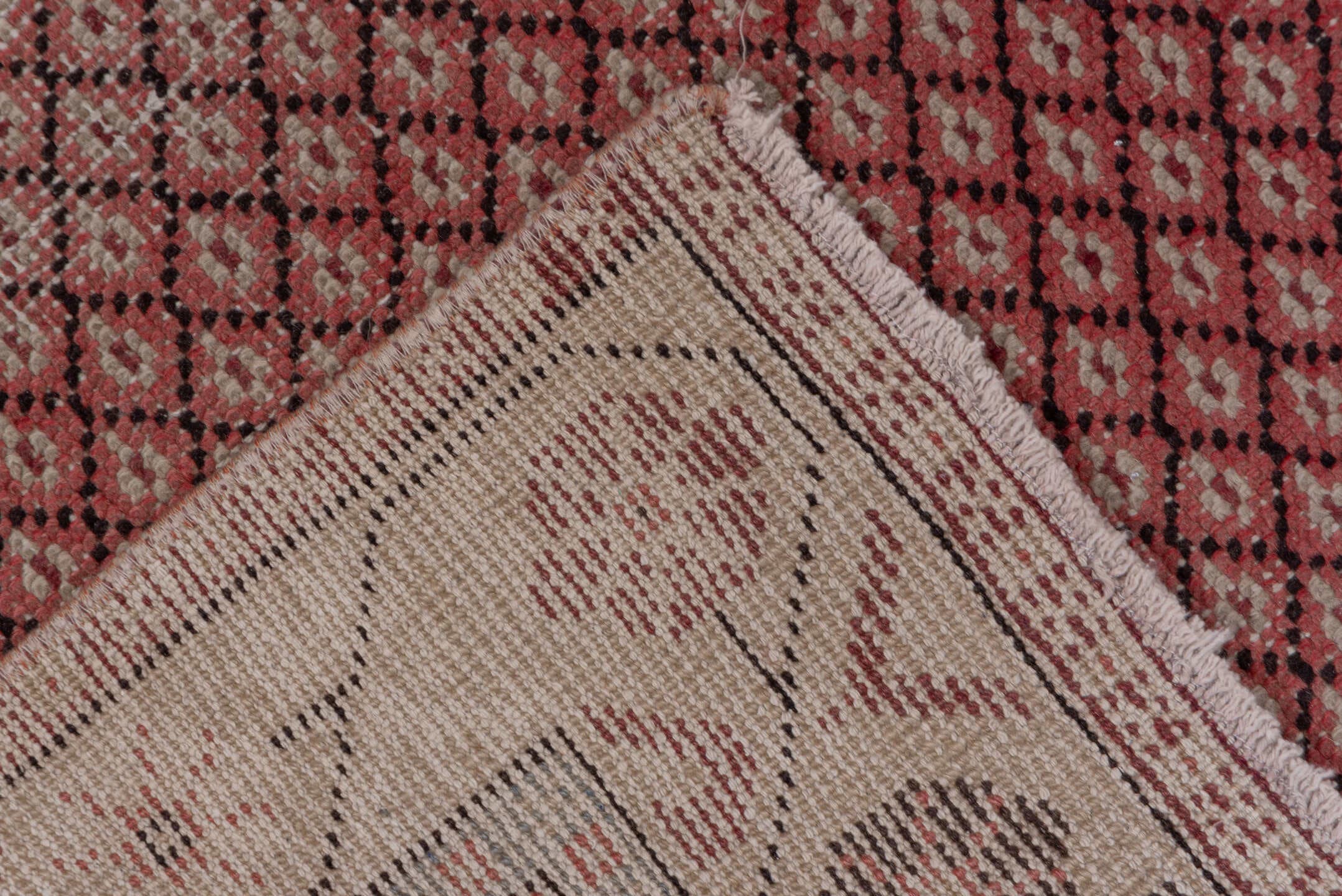 4' x 7' one-of-a-kind handmade vintage Oushak rug. Color palette: rose, ivory, dusty blue, charcoal, gold, crimson, pink