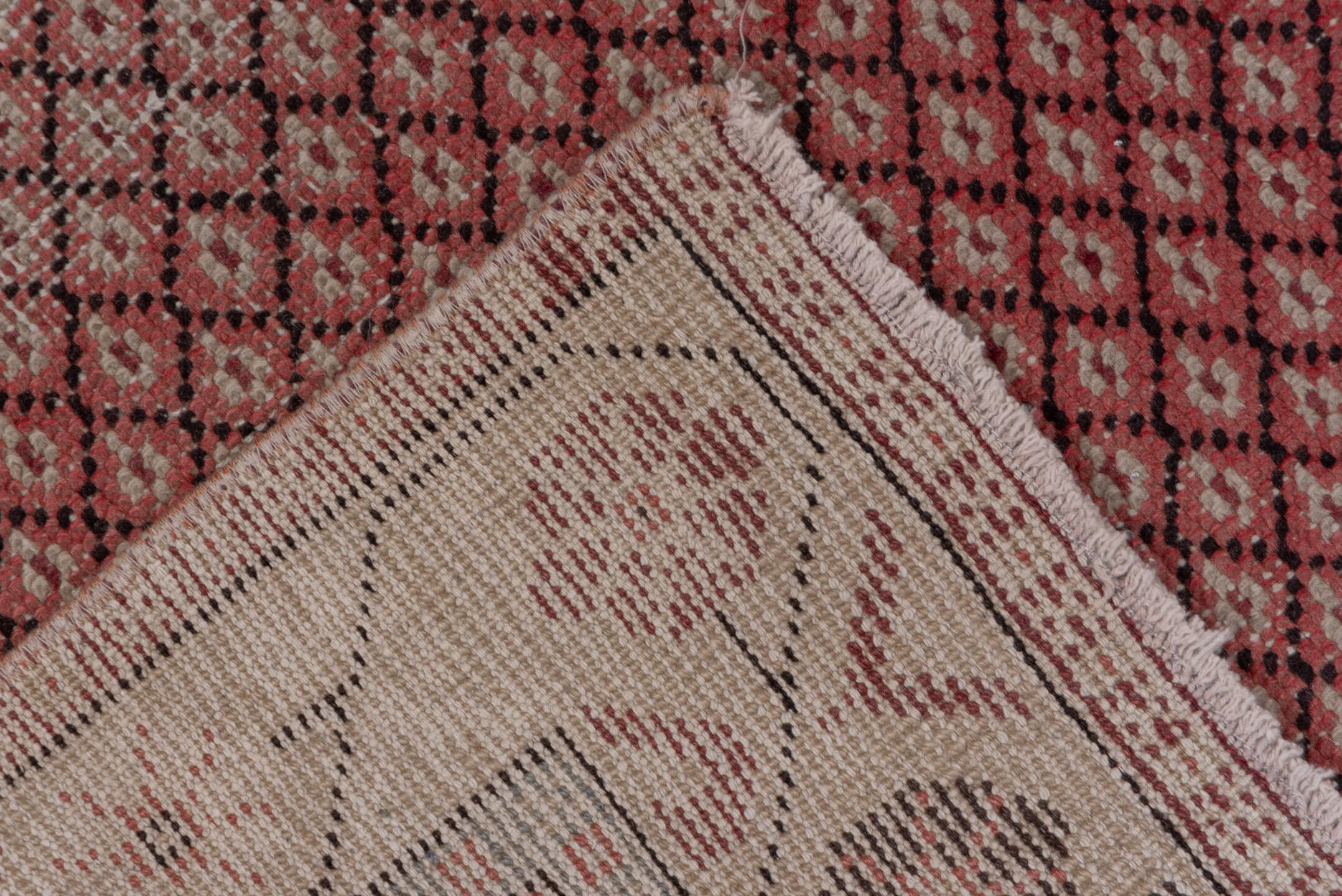 4' x 7' one-of-a-kind handmade vintage Oushak rug. Color palette: rose, ivory, dusty blue, charcoal, gold, crimson, pink