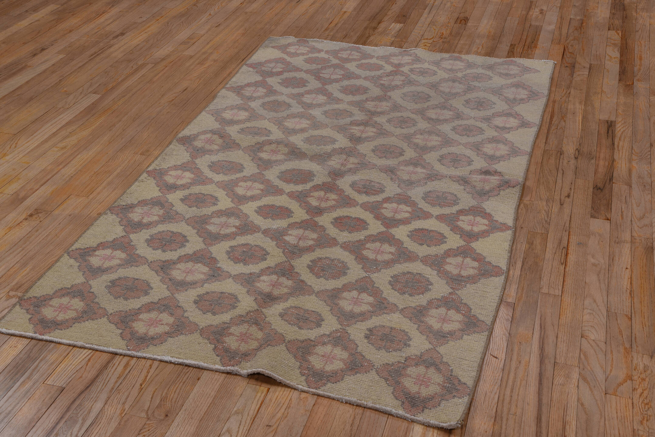 4' x 7' one-of-a-kind handmade vintage Oushak rug. Color palette: taupe, dusty rose, ivory, beige, soft brown, gray, pink