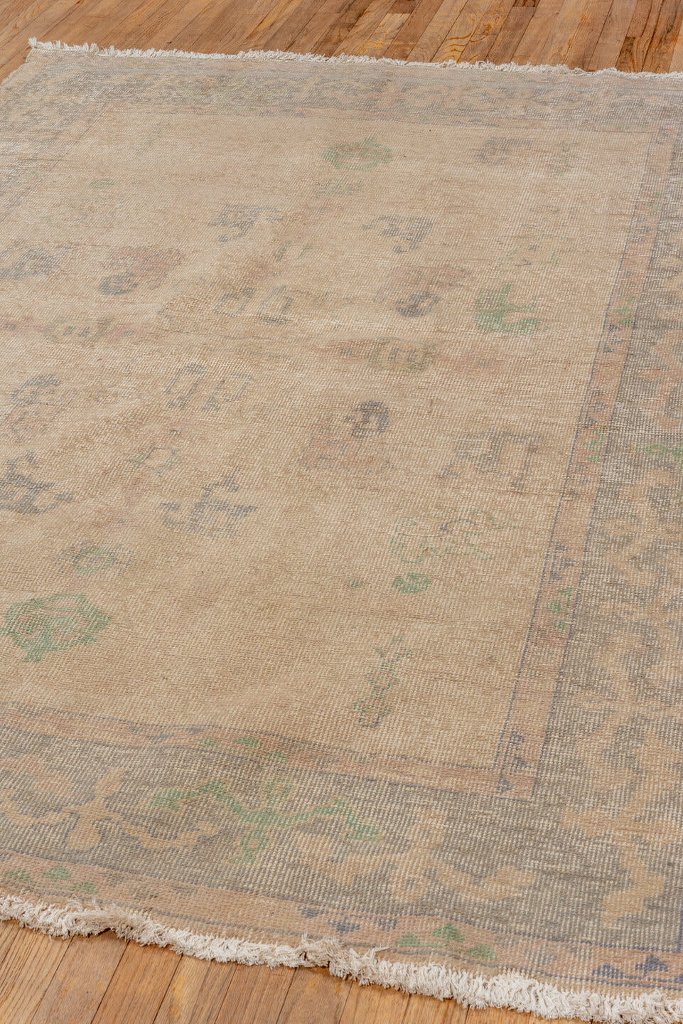 5' x 8' one-of-a-kind handmade vintage Oushak medium size rug. Color palette: ivory, taupe, gray, sage, blush, slate, beige