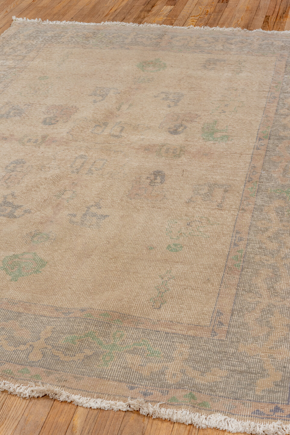 5' x 8' one-of-a-kind handmade vintage Oushak medium size rug. Color palette: ivory, taupe, gray, sage, blush, slate, beige