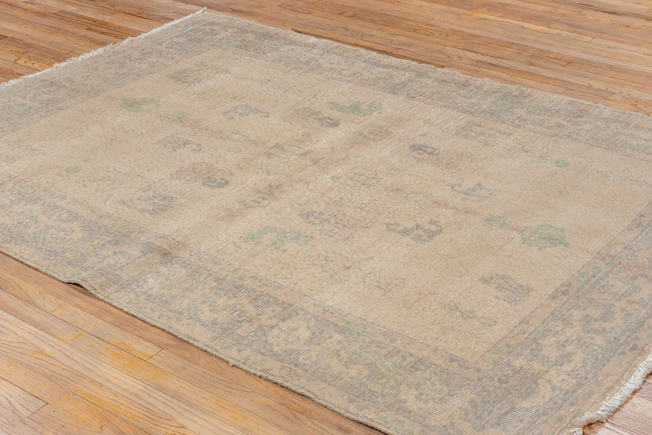 5' x 8' one-of-a-kind handmade vintage Oushak medium size rug. Color palette: ivory, taupe, gray, sage, blush, slate, beige