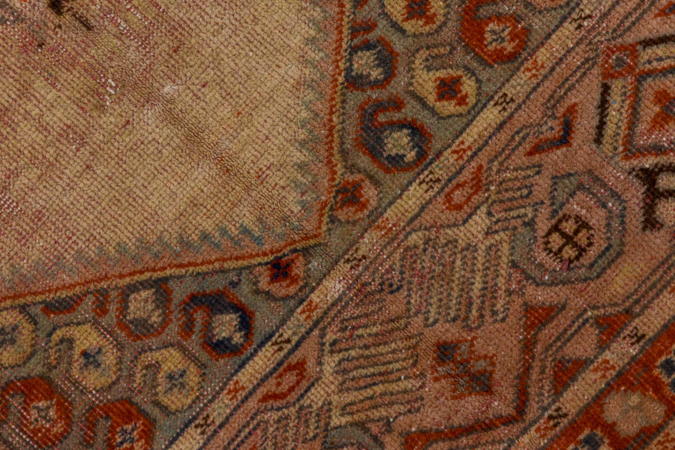 5' x 8' one-of-a-kind handmade antique Oushak medium size rug. Color palette: blush, rust, ivory, slate, taupe, terracotta
