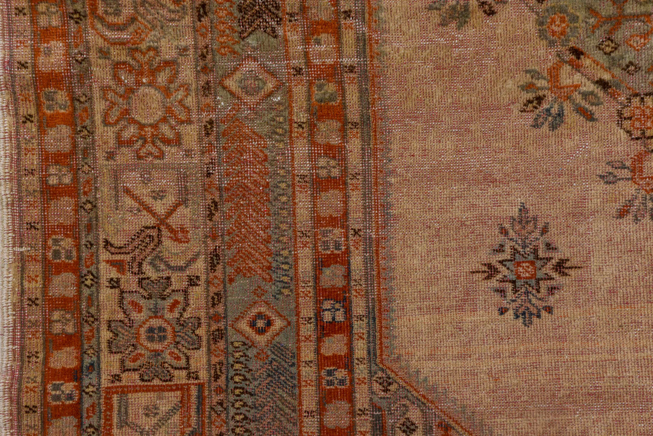5' x 8' one-of-a-kind handmade antique Oushak medium size rug. Color palette: blush, rust, ivory, slate, taupe, terracotta