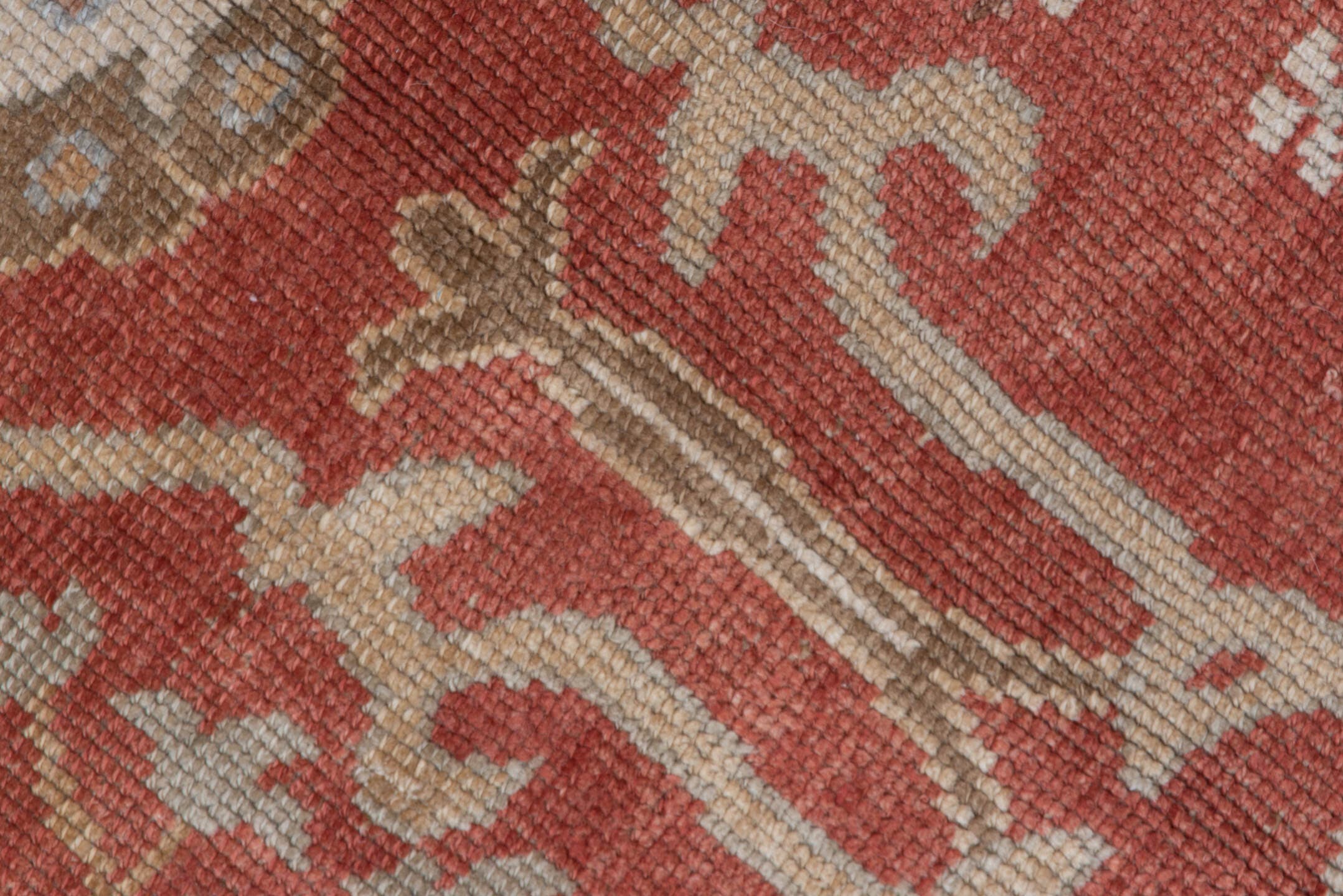 6' x 9' one-of-a-kind handmade vintage Oushak medium size rug. Color palette: terra cotta, ivory, taupe, sage, gold, rust
