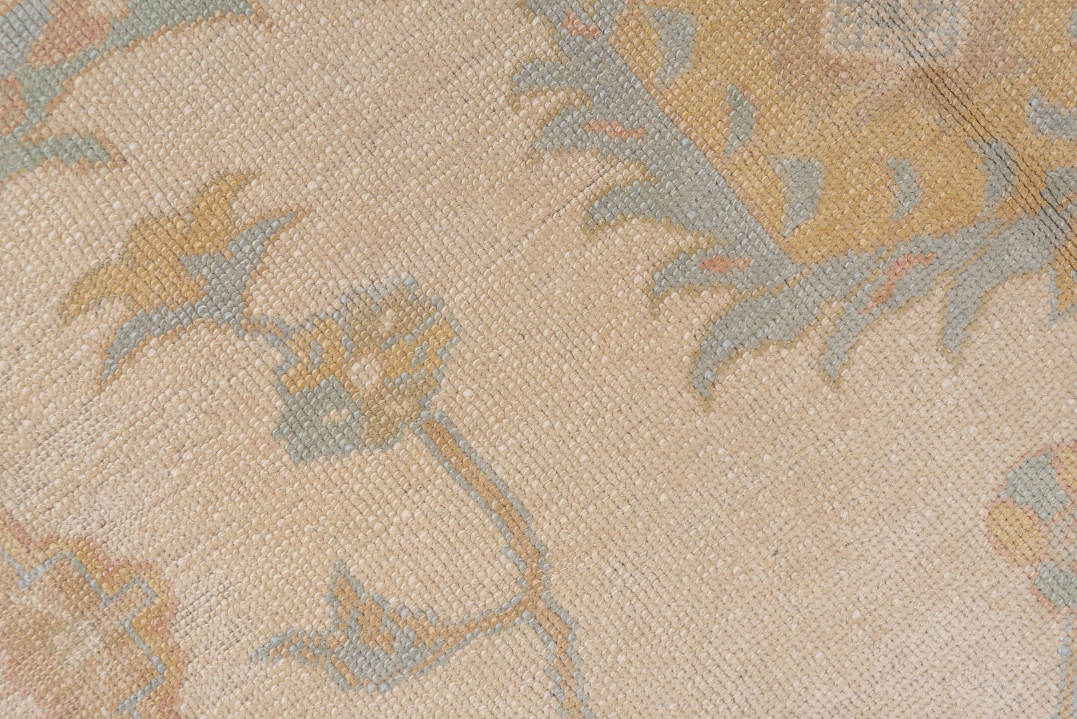 9' x 12' one-of-a-kind handmade vintage Oushak large size rug. Color palette: ivory, pale blue, taupe, gold, beige, sage