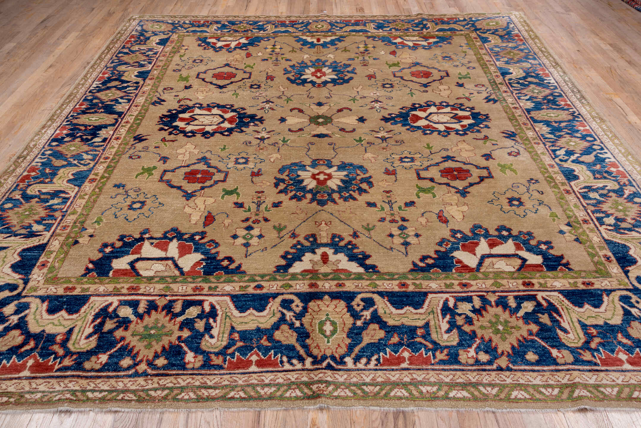 9' x 10' one-of-a-kind handmade vintage Oushak large size rug. Color palette: beige, cobalt, ivory, rust, sage, taupe, blue