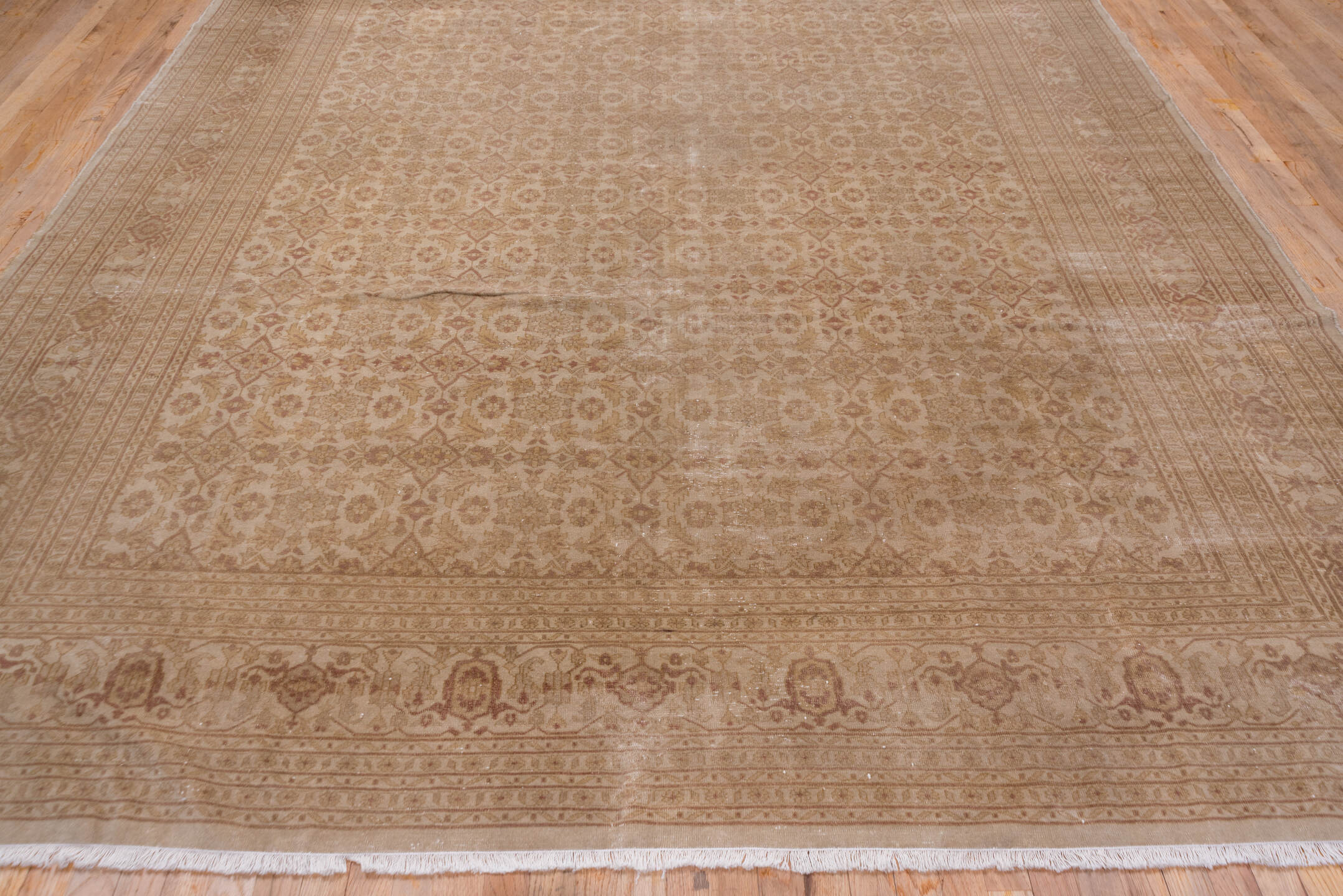 9' x 11' one-of-a-kind handmade antique Sivas large size rug. Color palette: taupe, beige, camel, rose, ivory, gray, pink