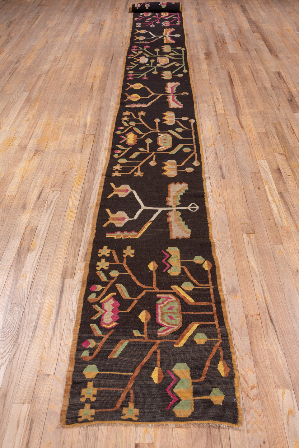 1' x 23' one-of-a-kind handmade vintage Besserabian rug. Color palette: black, brown, gray, light gray, off-white, pink, red