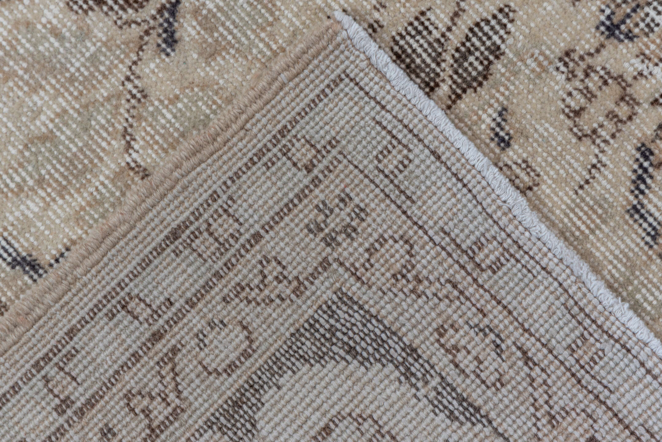 7' x 10' one-of-a-kind handmade vintage Oushak large size rug. Color palette: beige, ivory, charcoal, taupe, sage, gray