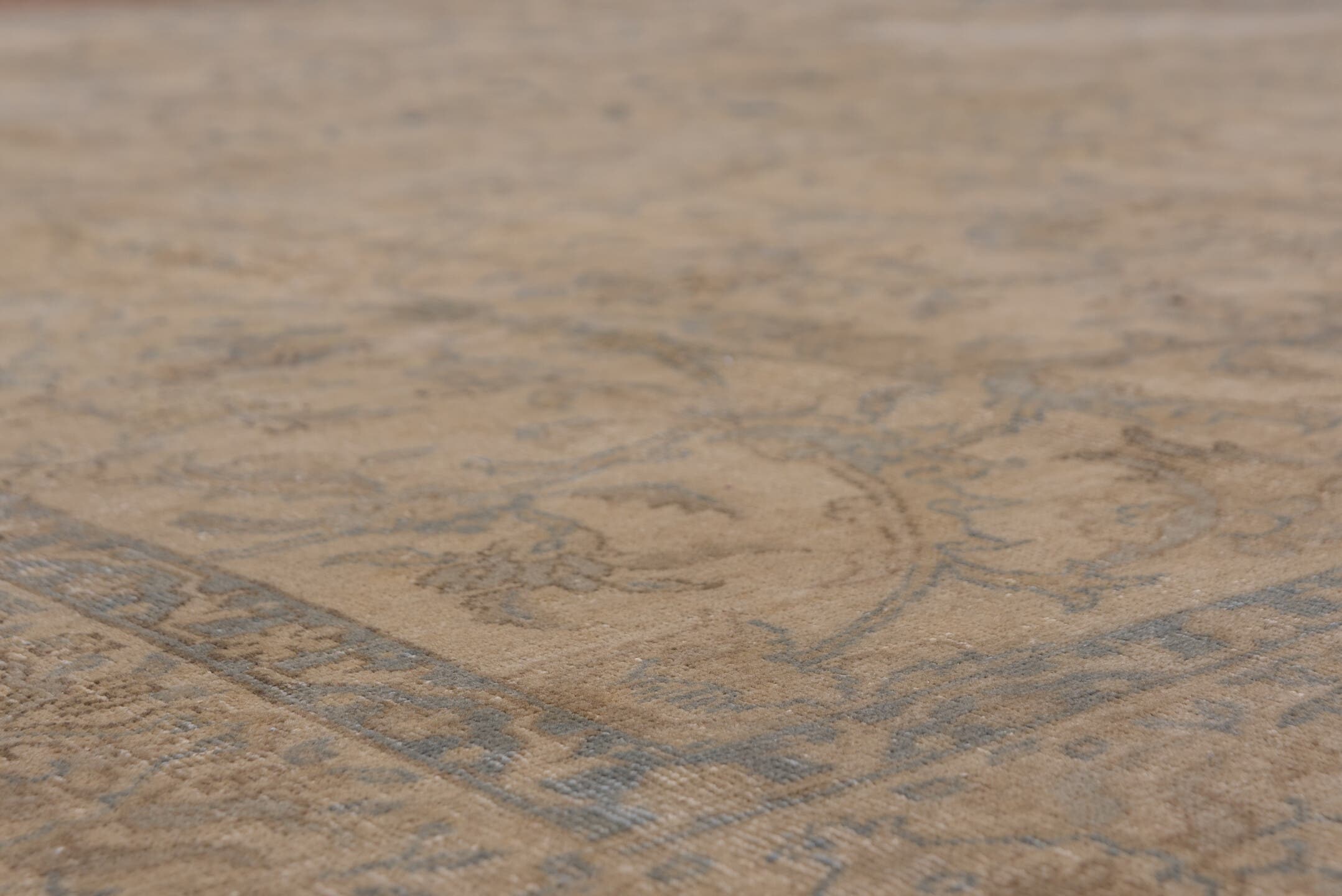 9' x 11' one-of-a-kind handmade vintage Oushak large size rug. Color palette: beige, taupe, slate, ivory, camel, blue, gray