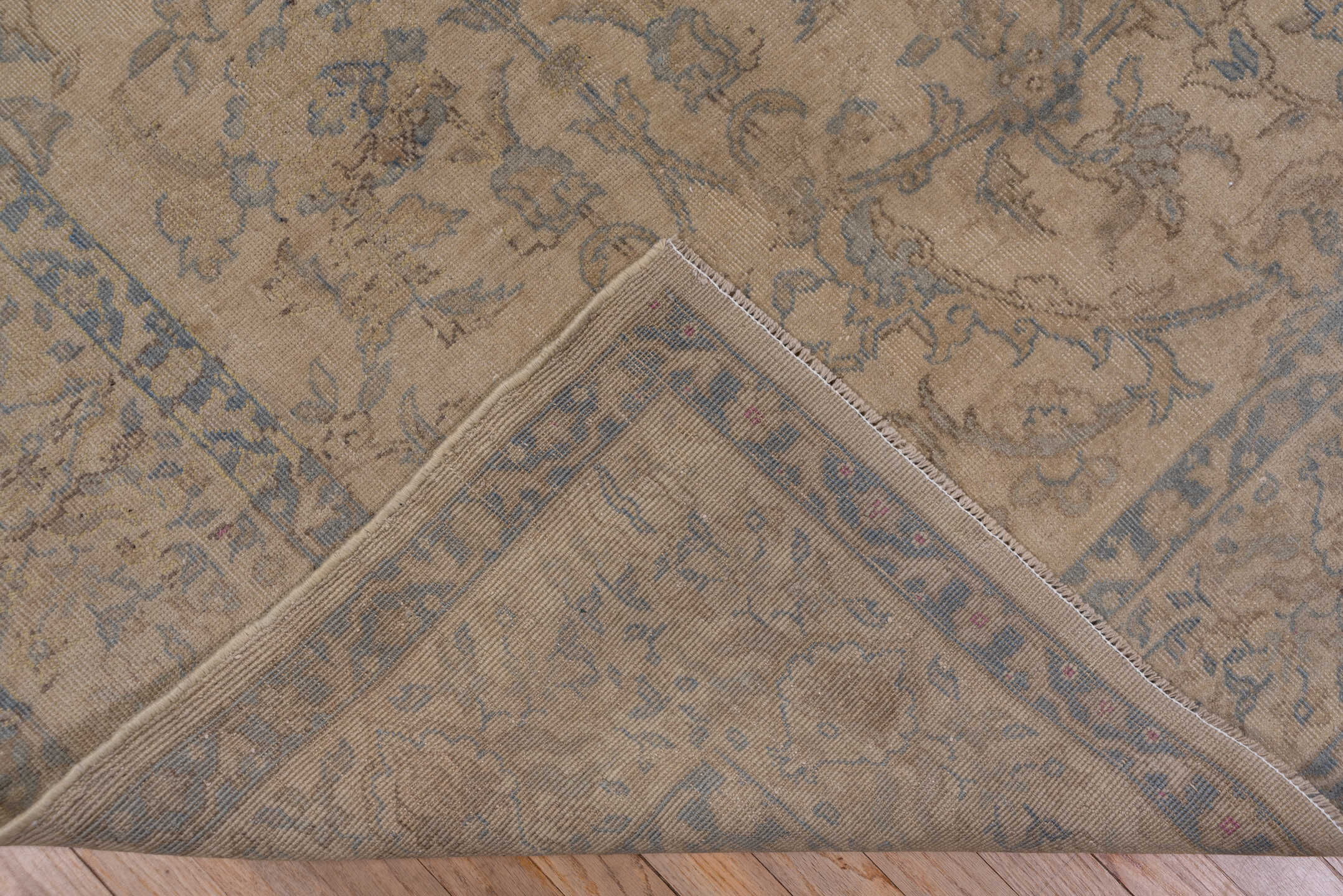 9' x 11' one-of-a-kind handmade vintage Oushak large size rug. Color palette: beige, taupe, slate, ivory, camel, blue, gray