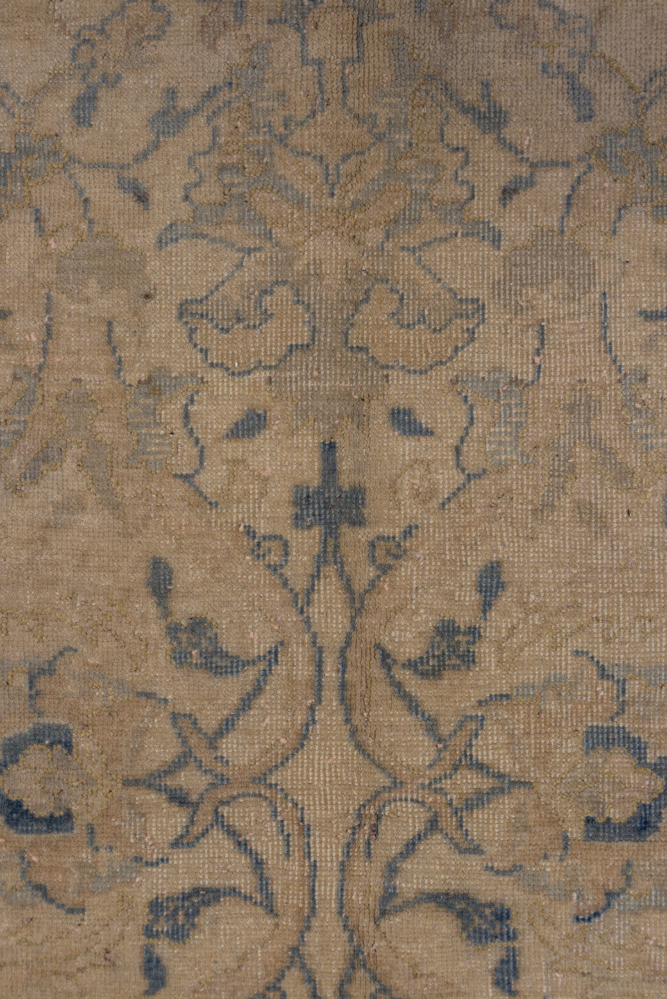 9' x 11' one-of-a-kind handmade vintage Oushak large size rug. Color palette: beige, taupe, slate, ivory, camel, blue, gray