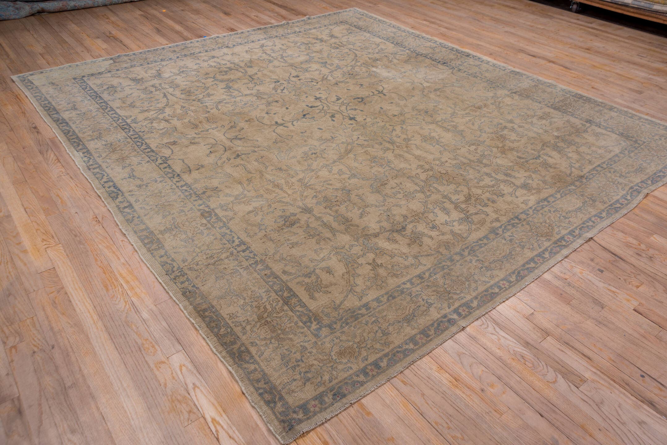 9' x 11' one-of-a-kind handmade vintage Oushak large size rug. Color palette: beige, taupe, slate, ivory, camel, blue, gray