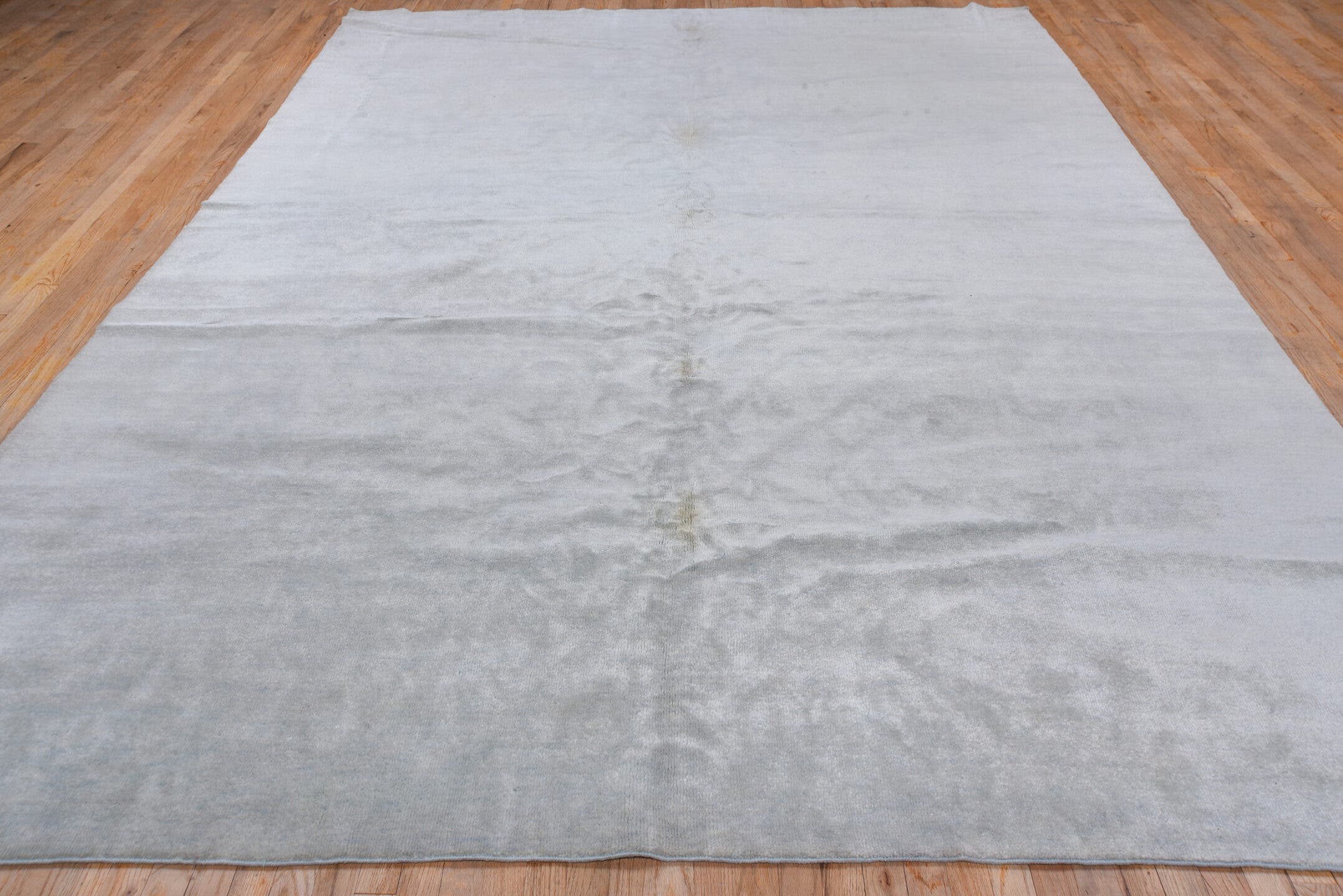 9' x 12' one-of-a-kind handmade vintage Rad large size rug. Color palette: ivory, pale blue, cream, taupe, light blue, beige