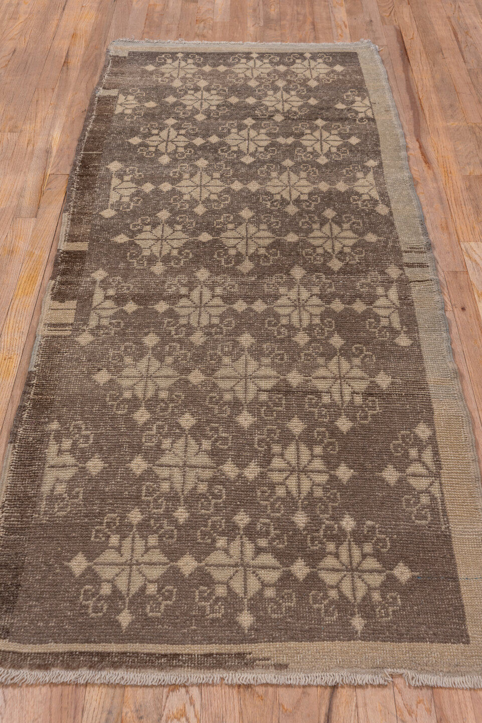 2' x 7' one-of-a-kind handmade vintage Oushak runner rug. Color palette: brown, gray, light gray, off-white, snow, white