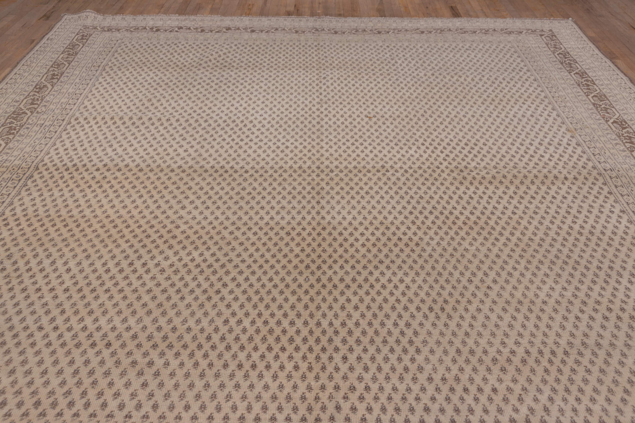 11' x 14' one-of-a-kind handmade vintage Sivas oversize rug. Color palette: ivory, taupe, brown, beige, camel, gray