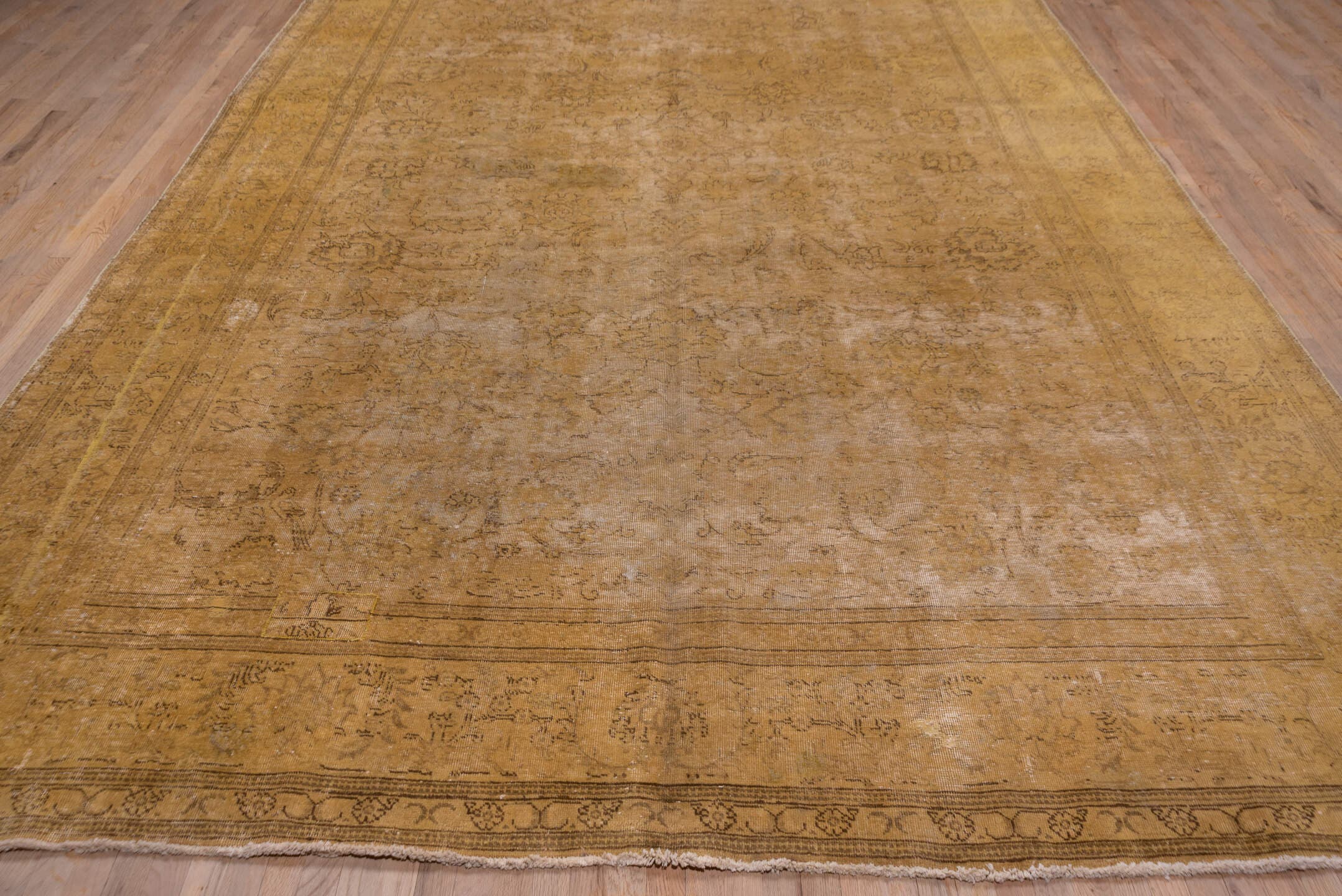 10' x 16' one-of-a-kind handmade vintage Tabriz rug. Color palette: camel, tan, taupe, brown, beige, ochre, gray, gold