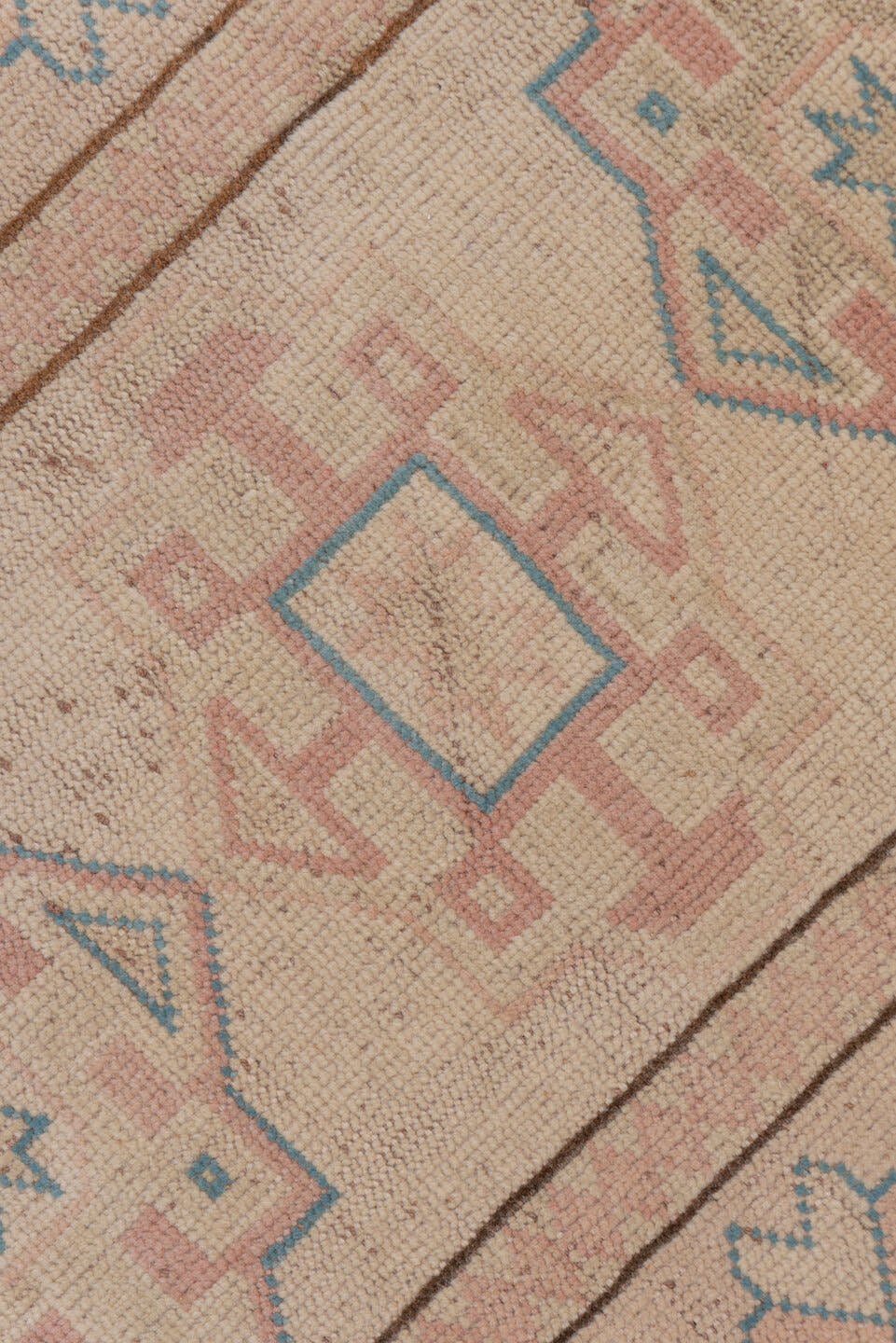 2' x 11' one-of-a-kind handmade vintage Oushak runner rug. Color palette: blush, ivory, pale blue, taupe, dusty rose, pink