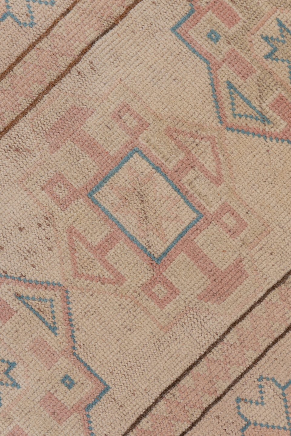 2' x 11' one-of-a-kind handmade vintage Oushak runner rug. Color palette: blush, ivory, pale blue, taupe, dusty rose, pink