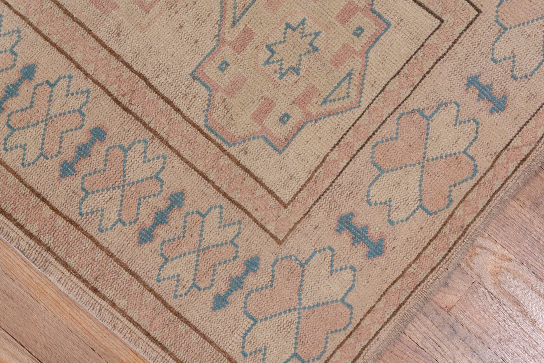 2' x 11' one-of-a-kind handmade vintage Oushak runner rug. Color palette: blush, ivory, pale blue, taupe, dusty rose, pink