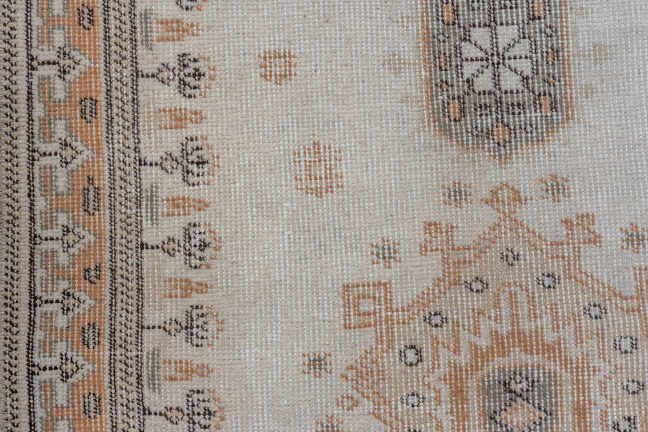 2' x 10' one-of-a-kind handmade vintage Oushak runner rug. Color palette: brown, gainsboro, gray, light gray, off-white