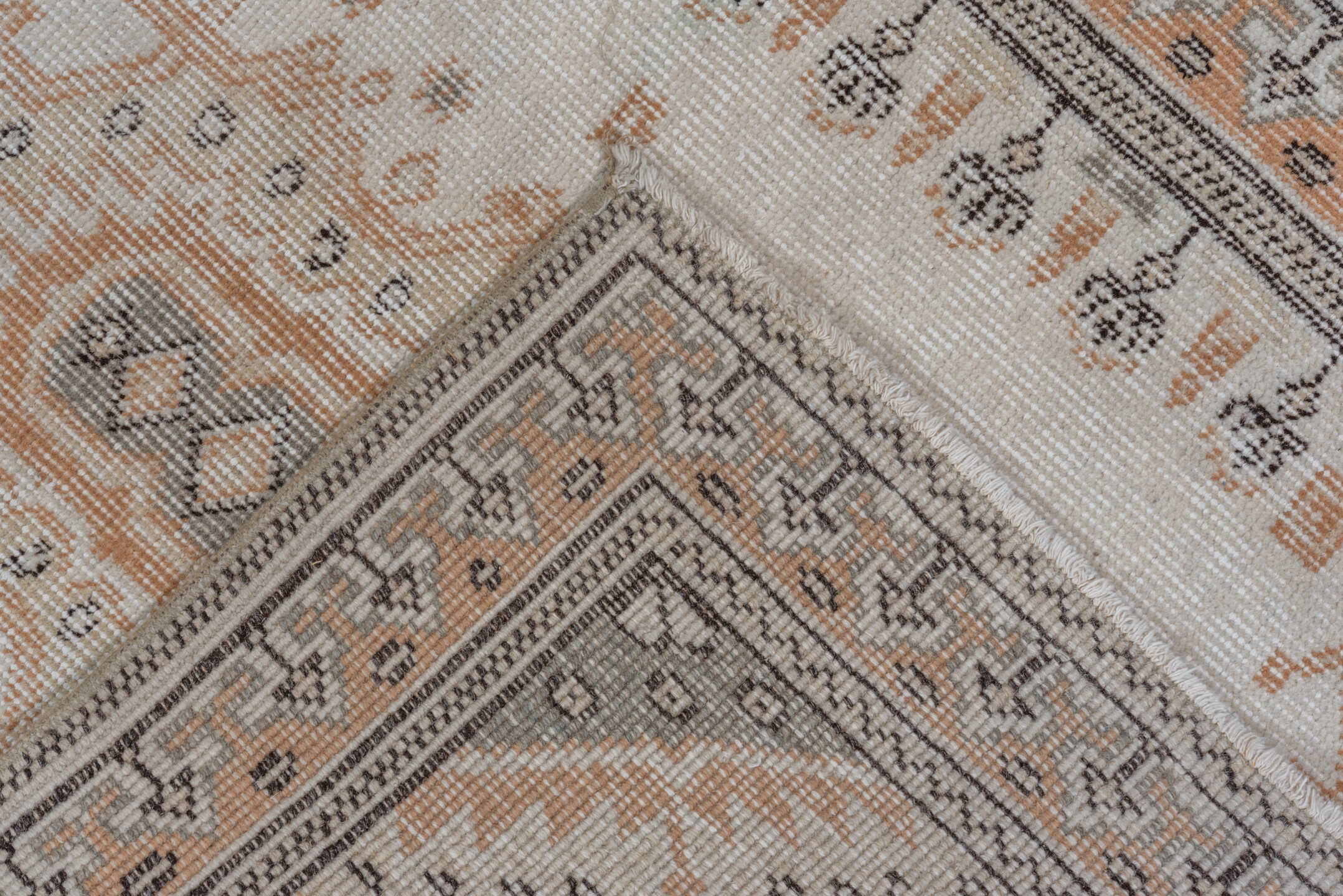 2' x 10' one-of-a-kind handmade vintage Oushak runner rug. Color palette: brown, gainsboro, gray, light gray, off-white