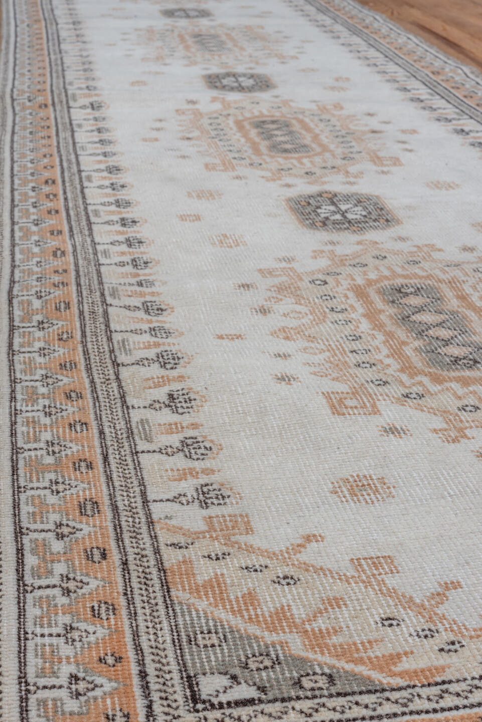 2' x 10' one-of-a-kind handmade vintage Oushak runner rug. Color palette: ivory, taupe, camel, gray, rust, beige, terracotta