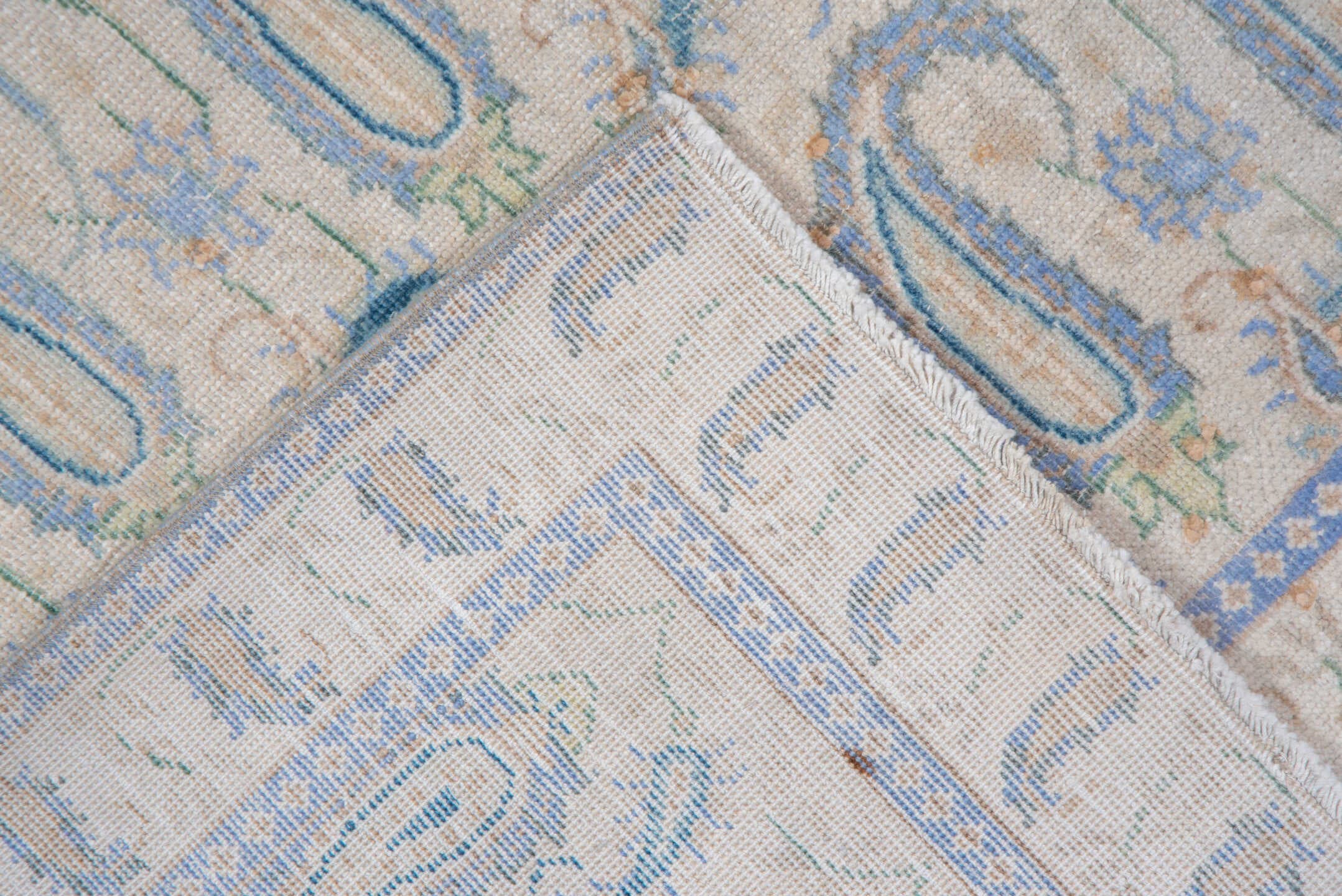 9' x 12' one-of-a-kind handmade vintage Sivas large size rug. Color palette: ivory, pale blue, cream, light gray, beige