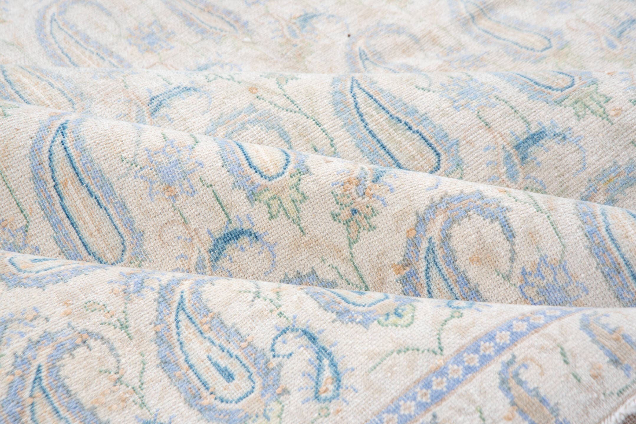 9' x 12' one-of-a-kind handmade vintage Sivas large size rug. Color palette: ivory, pale blue, cream, light gray, beige