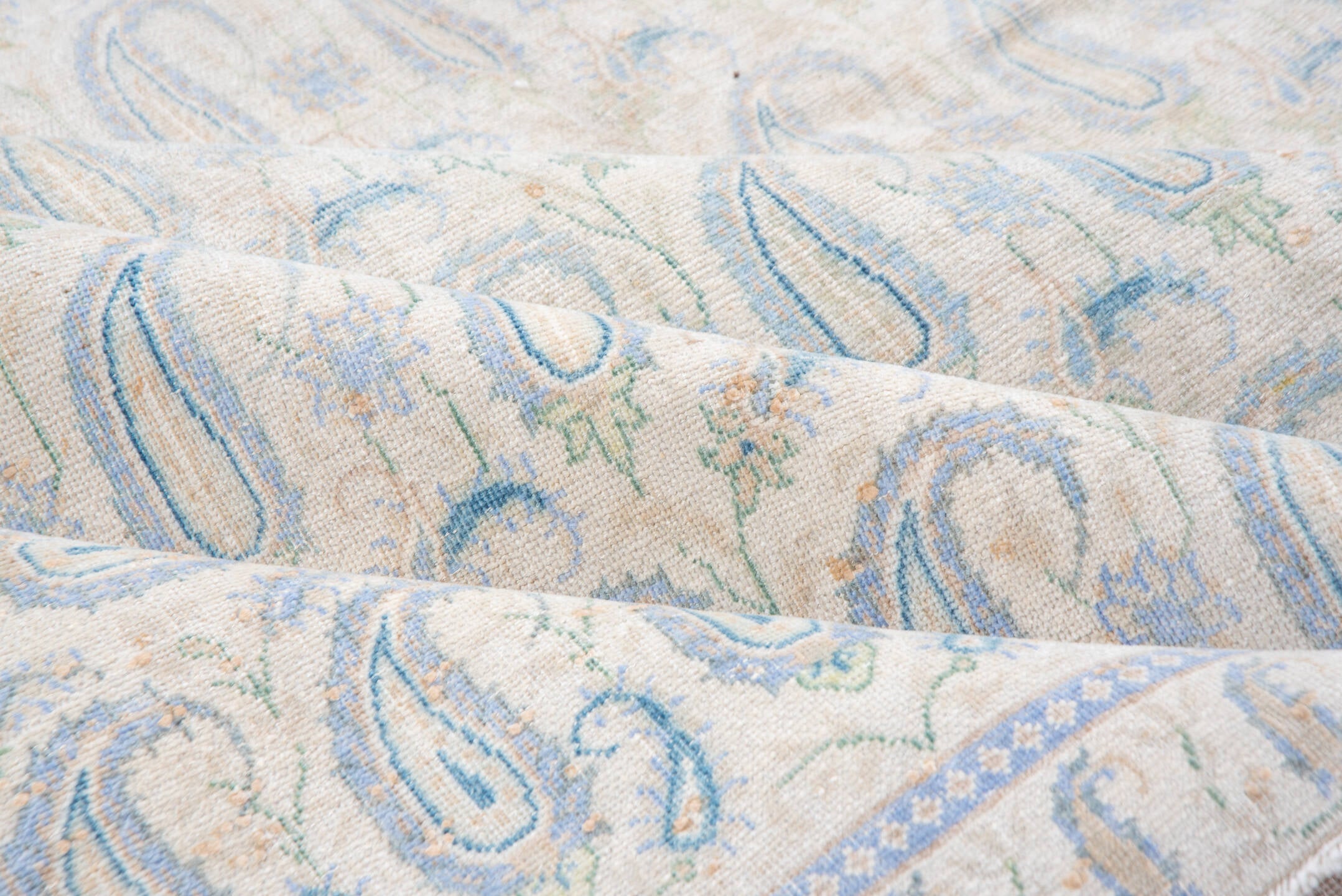 9' x 12' one-of-a-kind handmade vintage Sivas large size rug. Color palette: ivory, pale blue, cream, light gray, beige