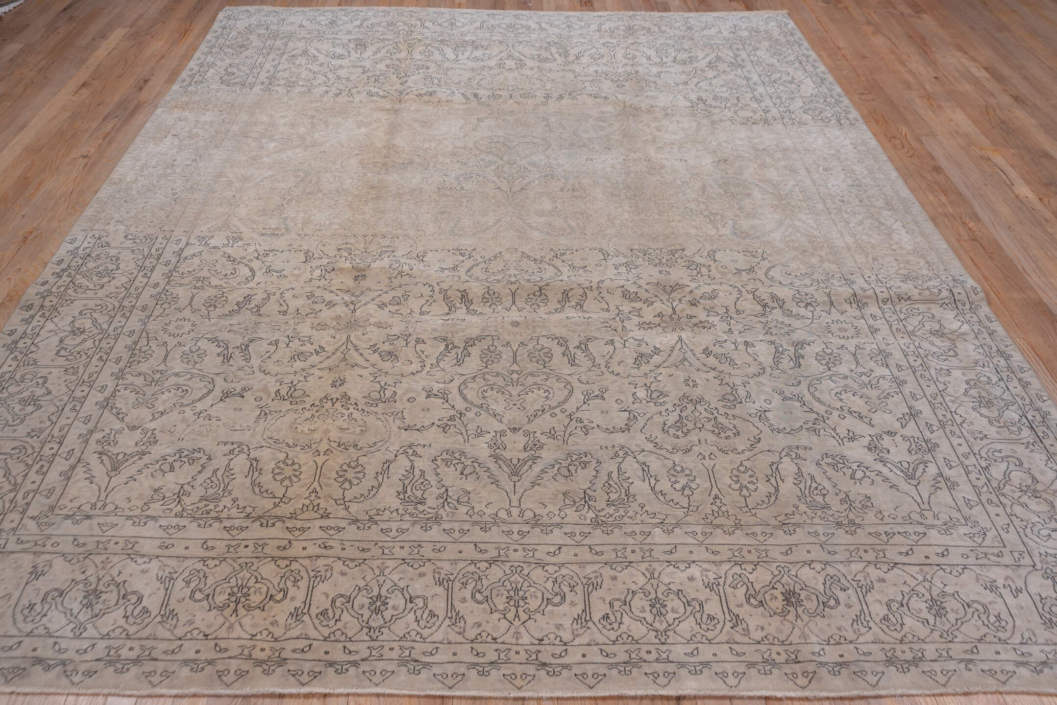 8' x 10' one-of-a-kind handmade vintage large size rug. Color palette: beige, taupe, ivory, slate, greige, sand, gray