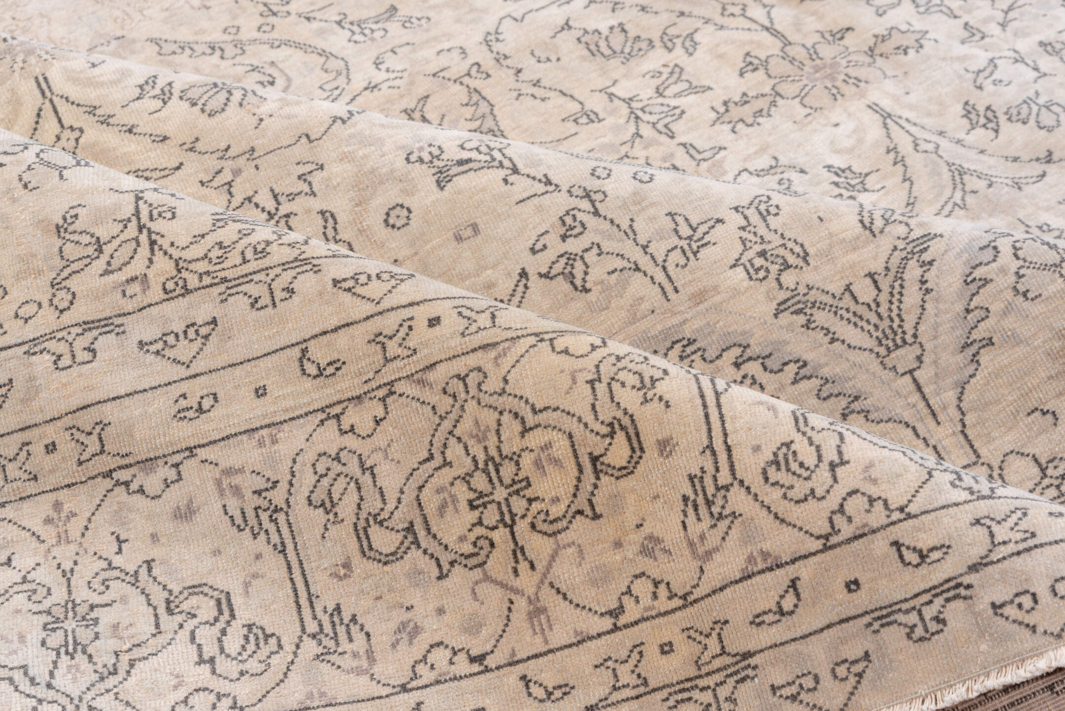 8' x 10' one-of-a-kind handmade vintage large size rug. Color palette: beige, taupe, ivory, slate, greige, sand, gray