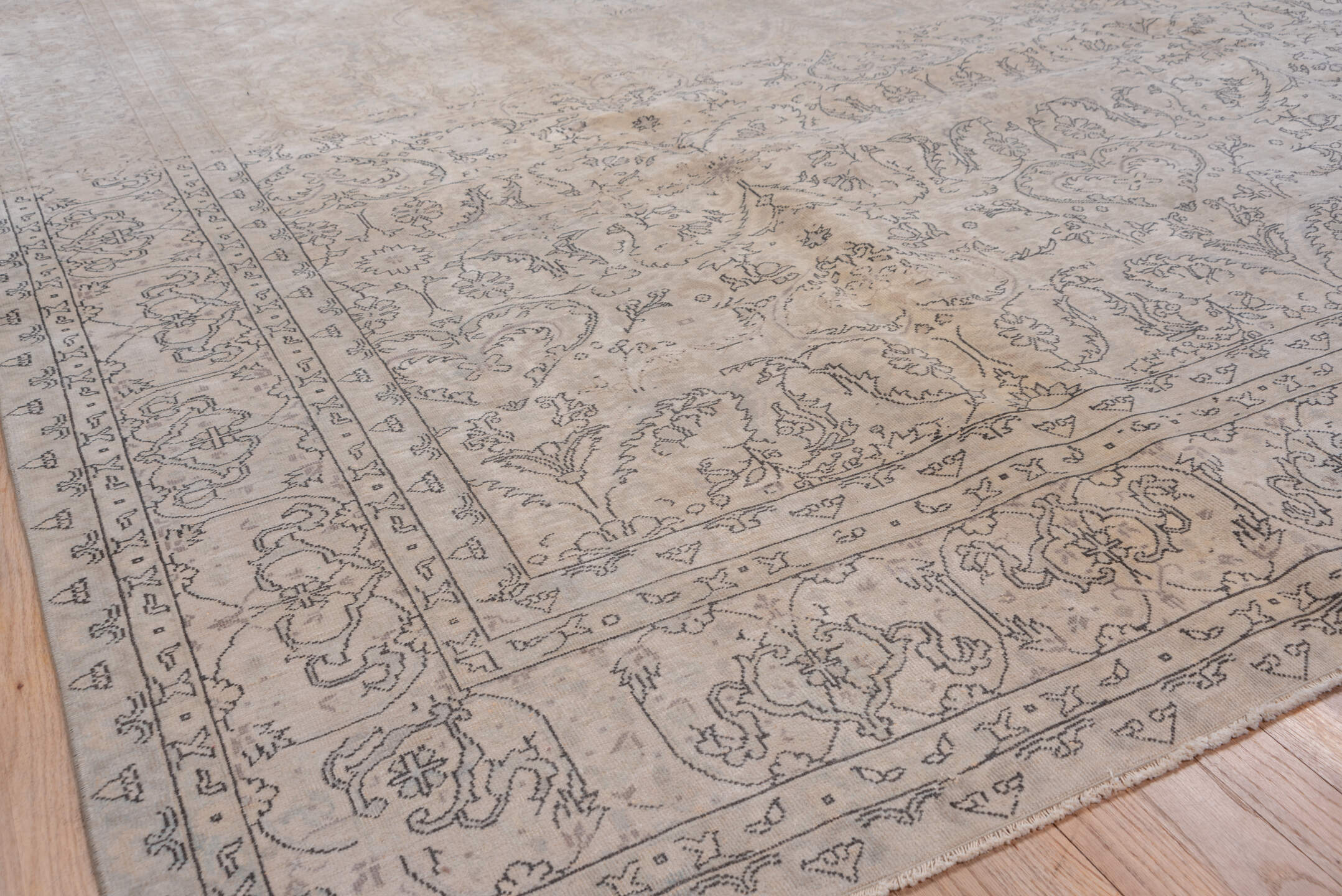8' x 10' one-of-a-kind handmade vintage large size rug. Color palette: beige, taupe, ivory, slate, greige, sand, gray