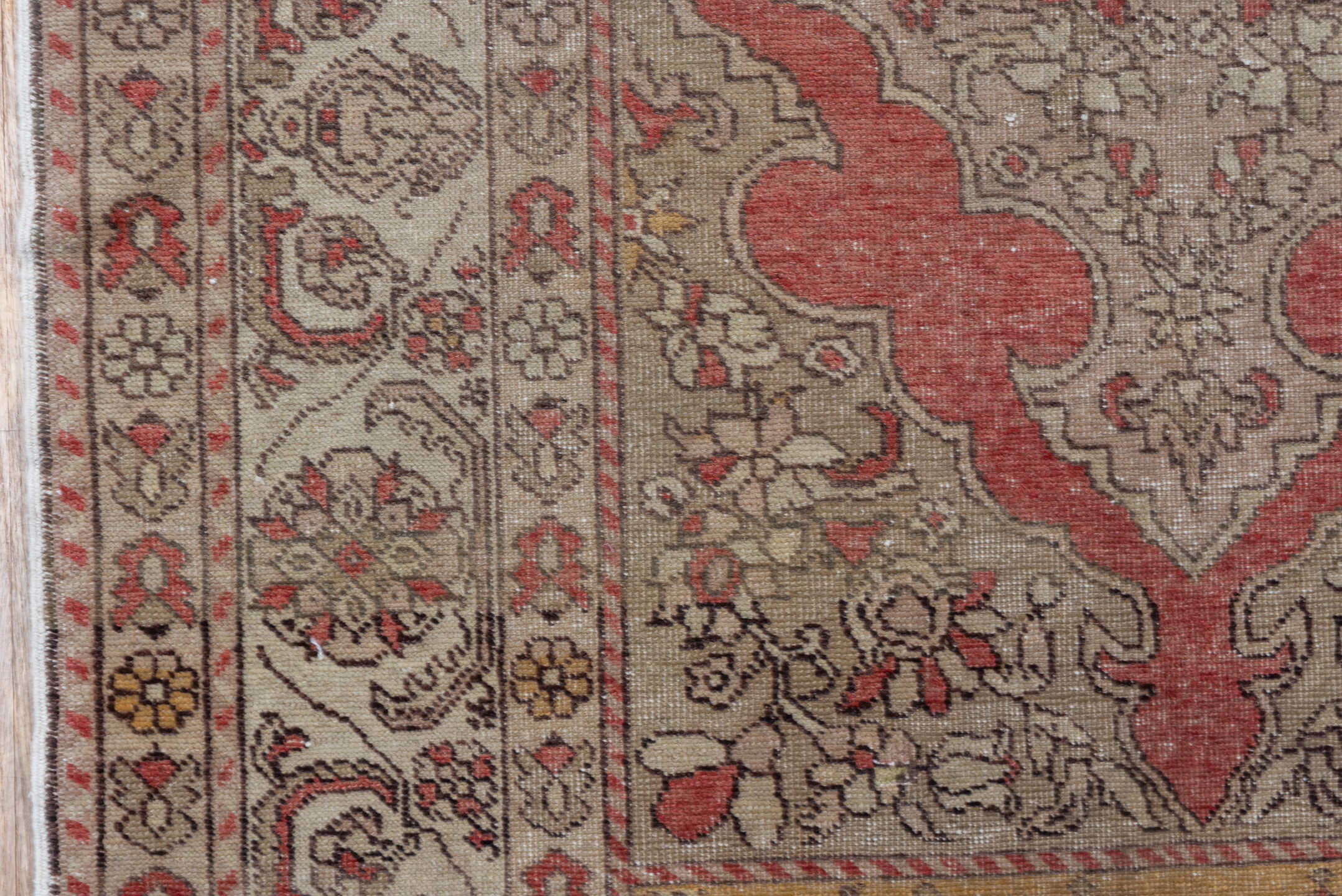 3' x 5' one-of-a-kind handmade vintage Oushak small size rug. Color palette: ivory, taupe, coral, rose, gold, camel, brown