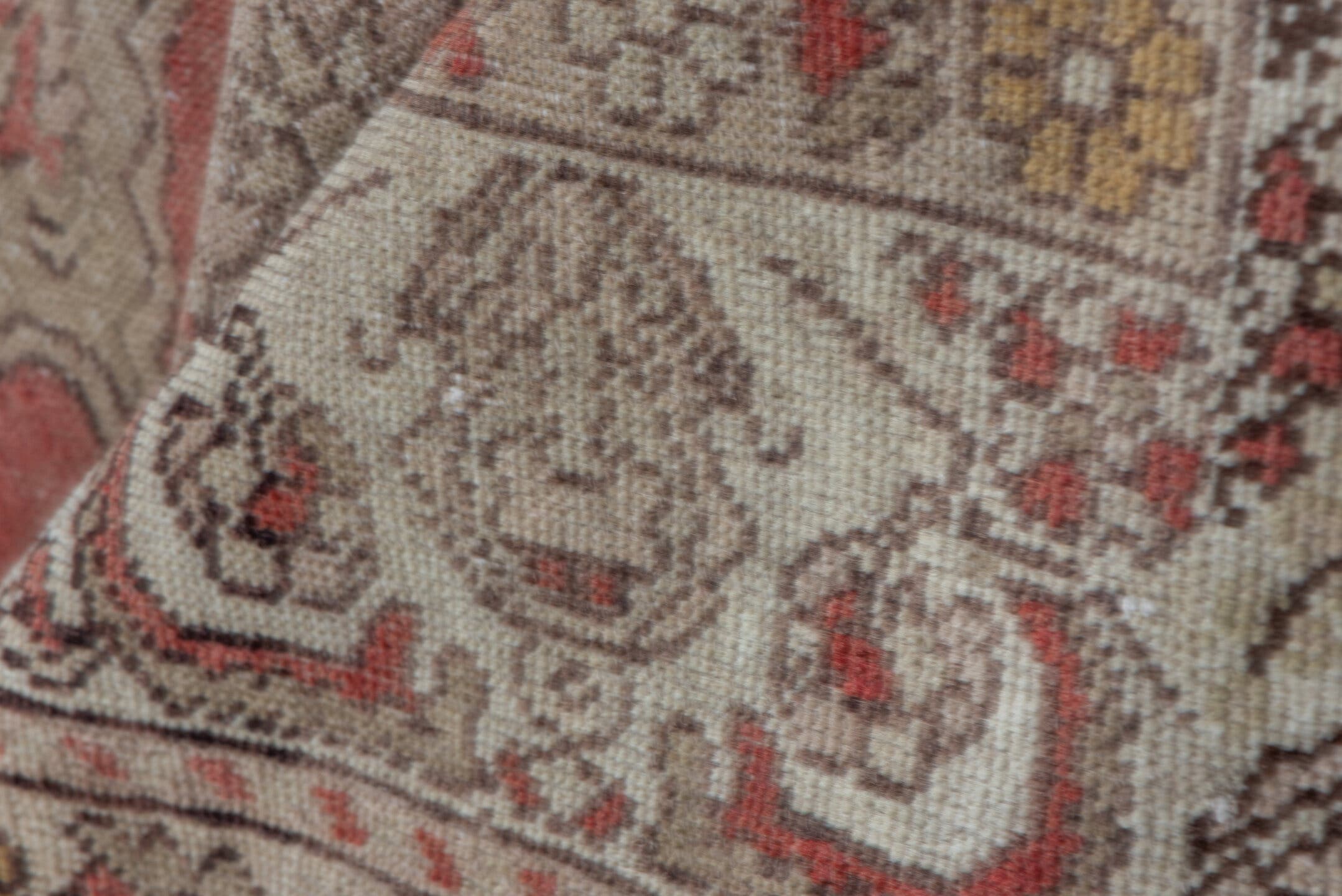 3' x 5' one-of-a-kind handmade vintage Oushak small size rug. Color palette: ivory, taupe, coral, rose, gold, camel, brown