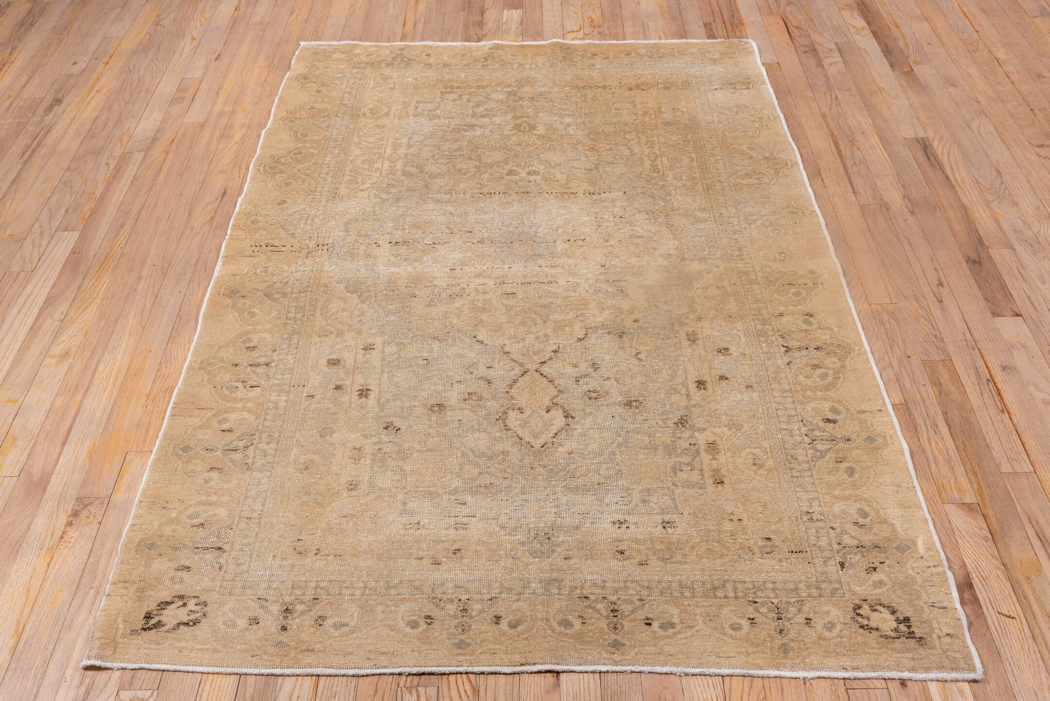 4' x 6' one-of-a-kind handmade vintage Sivas small size rug. Color palette: brown, gray, light gray, off-white, orange, pink