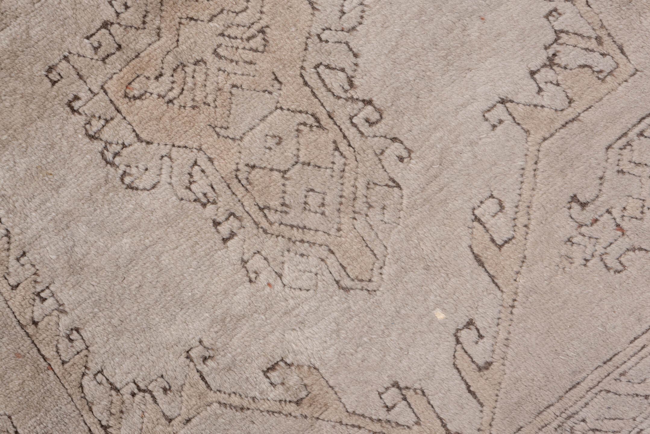 7' x 11' one-of-a-kind handmade vintage Oushak large size rug. Color palette: taupe, beige, ivory, camel, brown, gray
