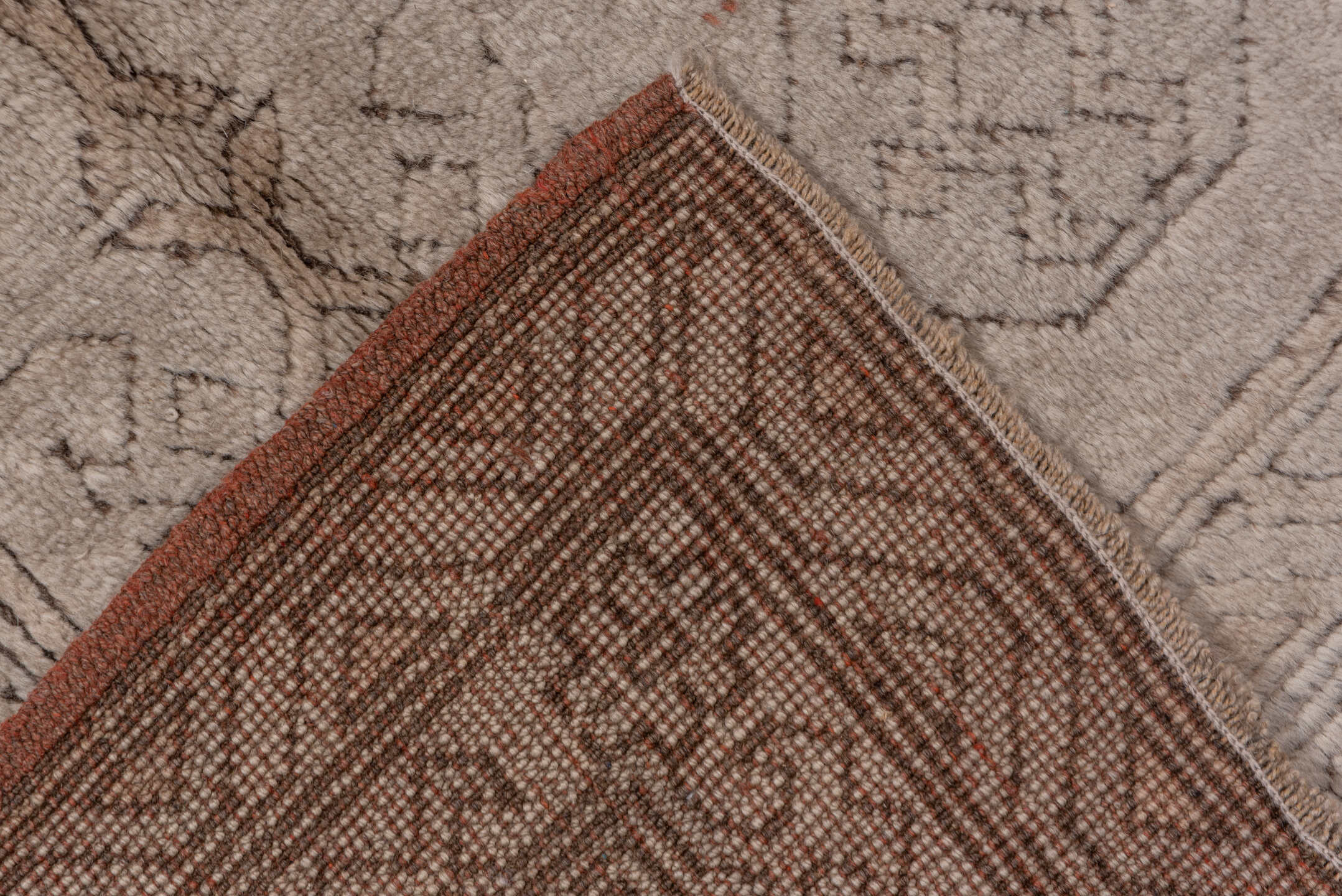 7' x 11' one-of-a-kind handmade vintage Oushak large size rug. Color palette: brown, gray, light gray, off-white, pink, snow