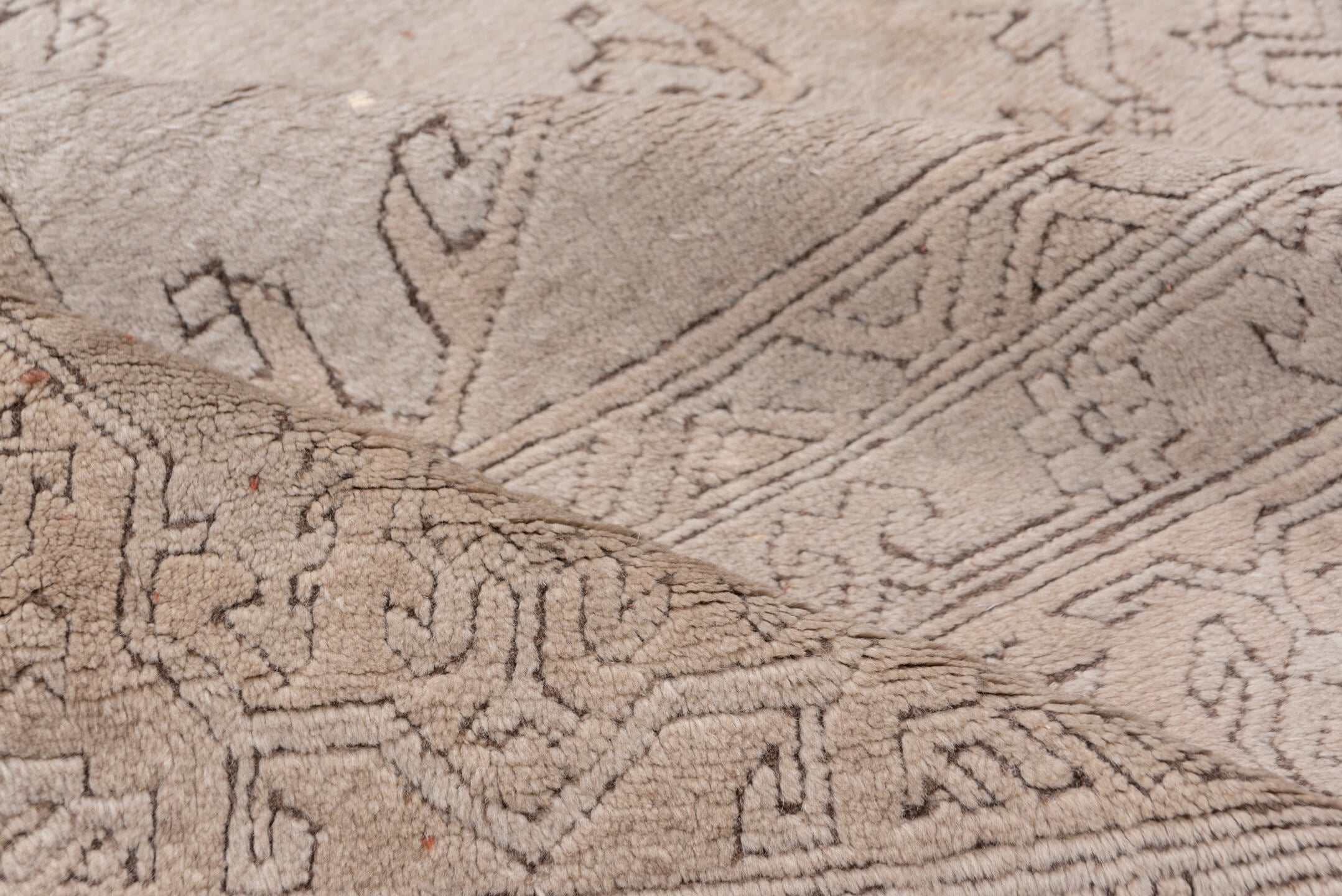 7' x 11' one-of-a-kind handmade vintage Oushak large size rug. Color palette: brown, gray, light gray, off-white, pink, snow