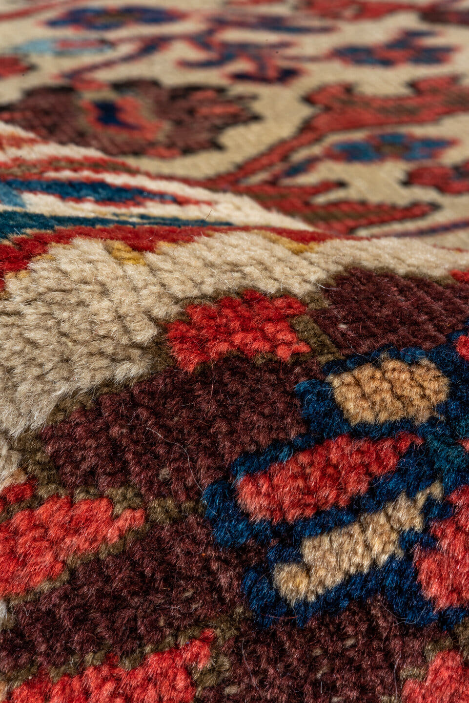 12' x 15' one-of-a-kind handmade antique Sultanabad oversize rug. Color palette: ivory, rust, brick, indigo, sky_blue, camel