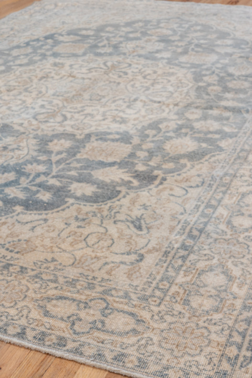 6' x 9' one-of-a-kind handmade vintage Oushak medium size rug. Color palette: ivory, powder_blue, beige, taupe, light_blue