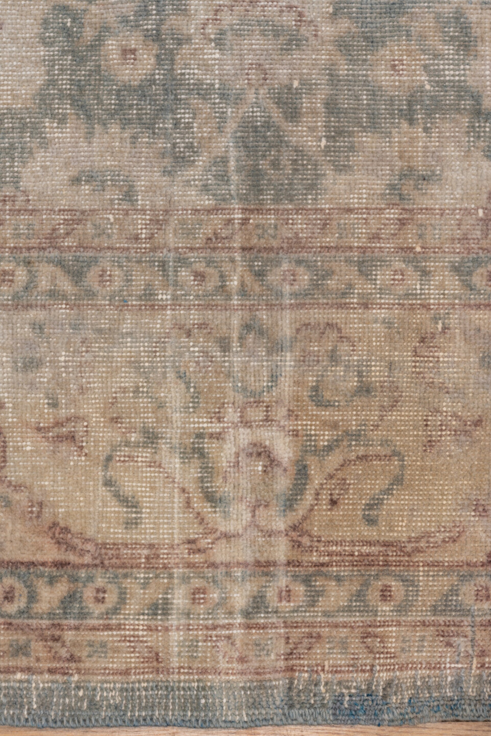 8' x 11' one-of-a-kind handmade vintage Oushak large size rug. Color palette: ivory, blue, taupe, rose, sage, beige, gray