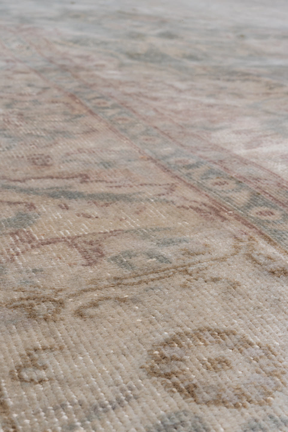 8' x 11' one-of-a-kind handmade vintage Oushak large size rug. Color palette: ivory, blue, taupe, rose, sage, beige, gray