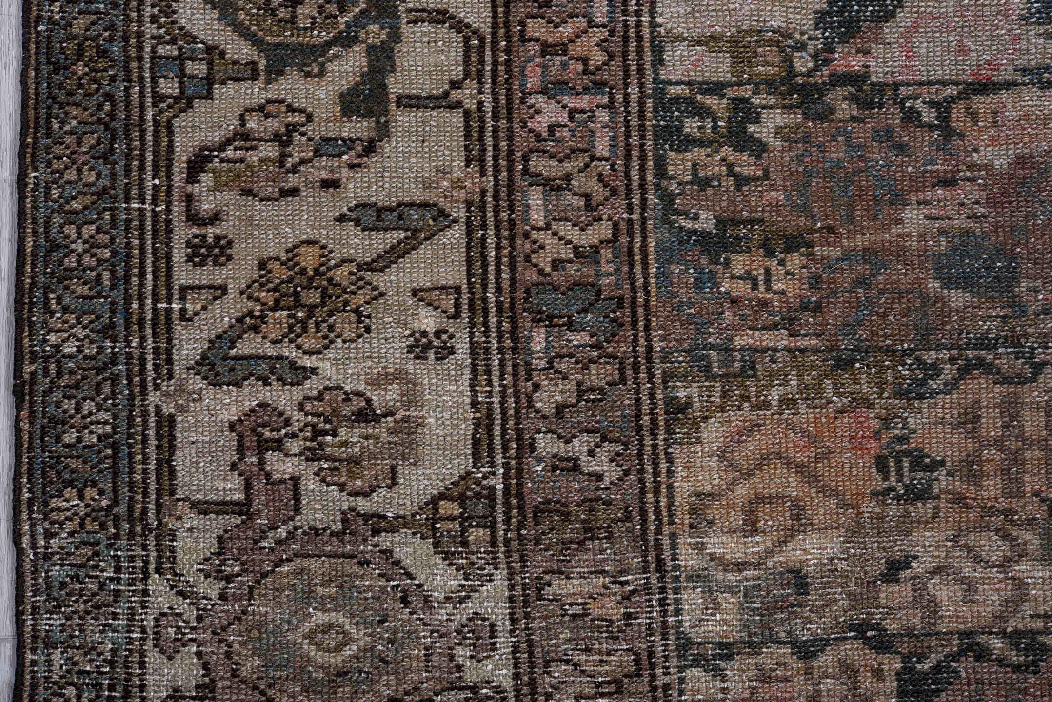 3' x 16' one-of-a-kind handmade antique Malayer runner rug. Color palette: taupe, charcoal, ivory, rose, rust, brown, sage