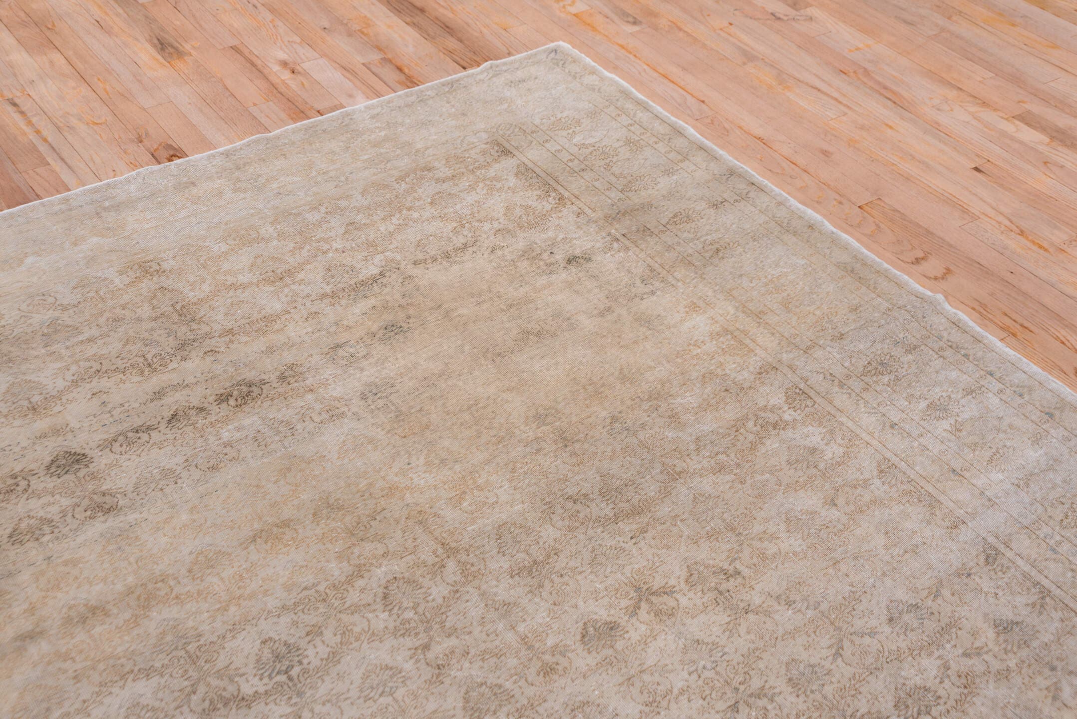 7' x 10' one-of-a-kind handmade vintage Kaisary large size rug. Color palette: beige, ivory, taupe, camel, sand, light brown