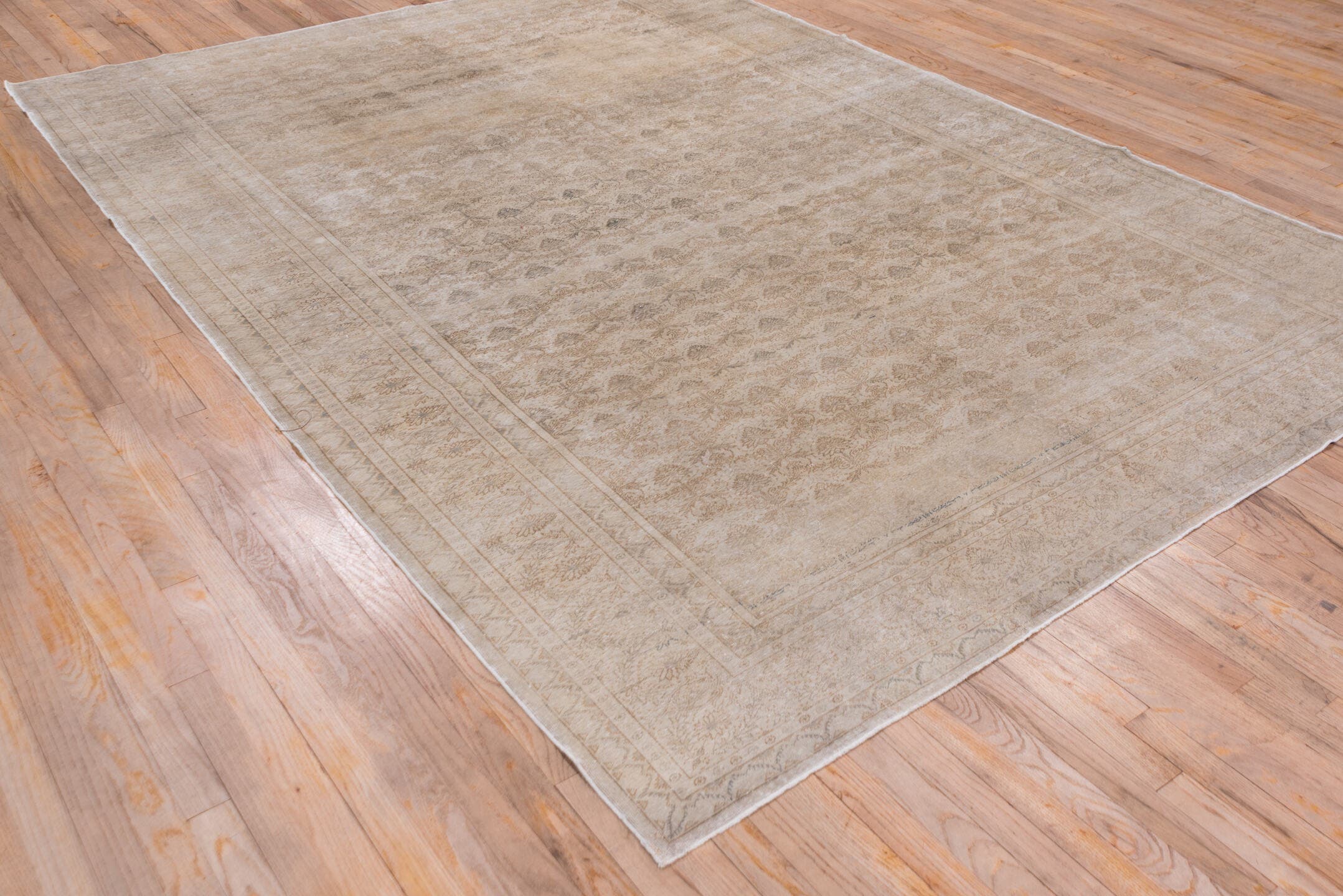 7' x 10' one-of-a-kind handmade vintage Kaisary large size rug. Color palette: beige, ivory, taupe, camel, sand, light brown