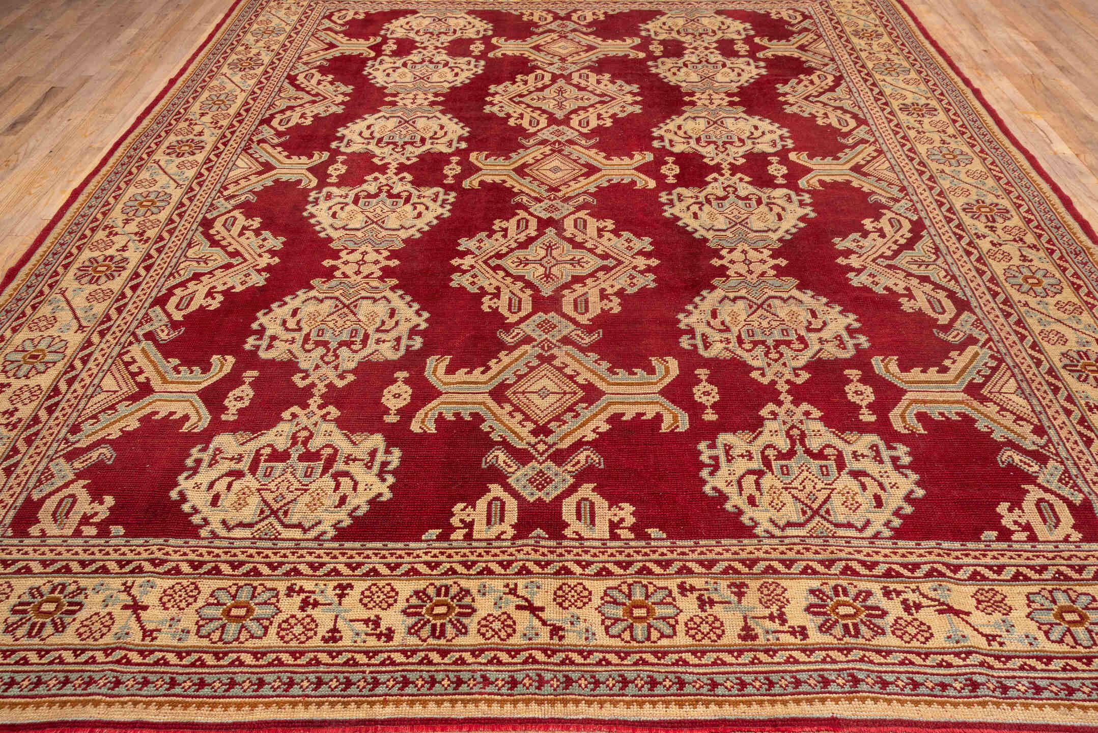 10' x 13' one-of-a-kind handmade antique Oushak large size rug. Color palette: crimson, ivory, beige, gold, rust, red